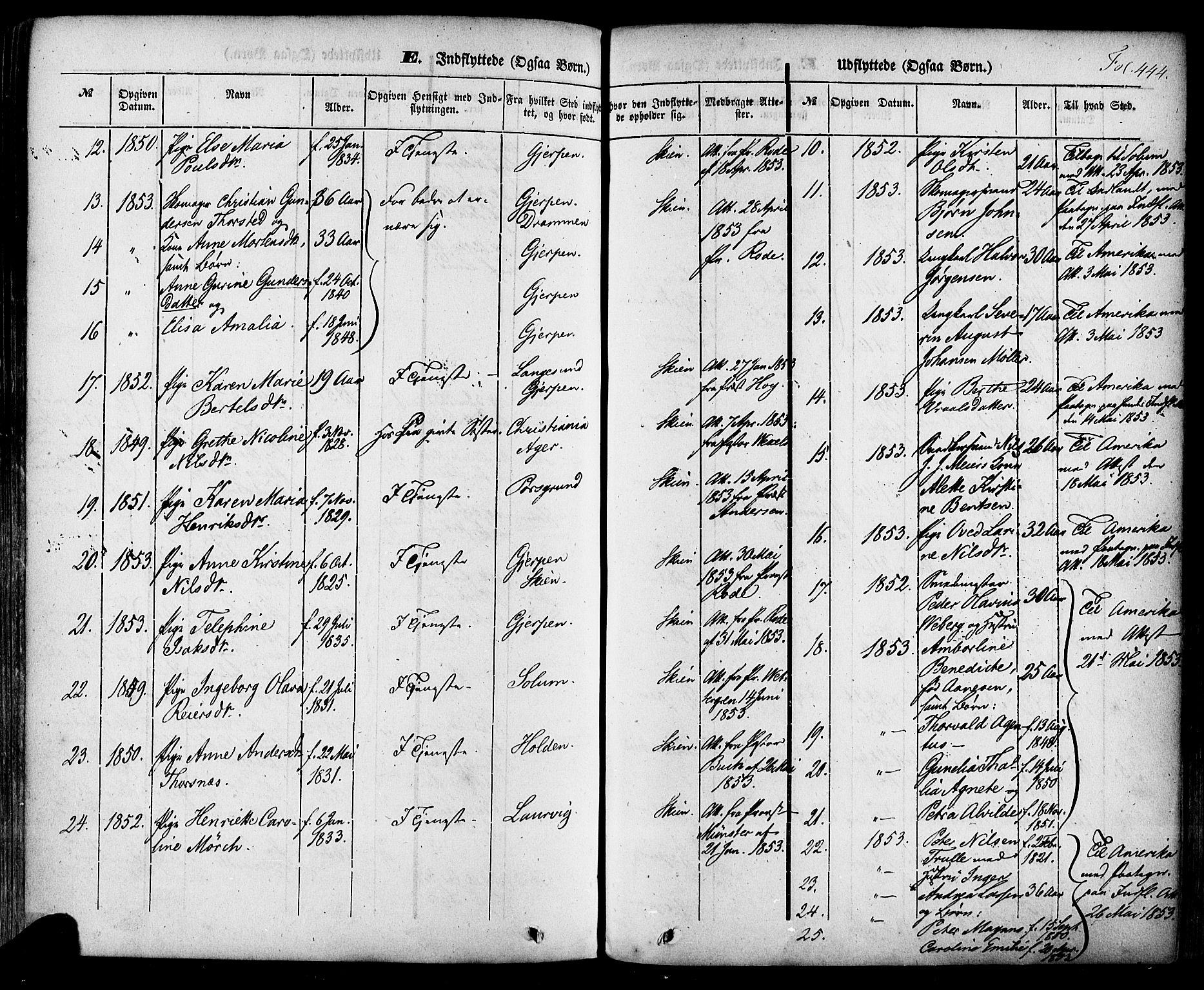 Skien kirkebøker, SAKO/A-302/F/Fa/L0006a: Parish register (official) no. 6A, 1843-1856, p. 444