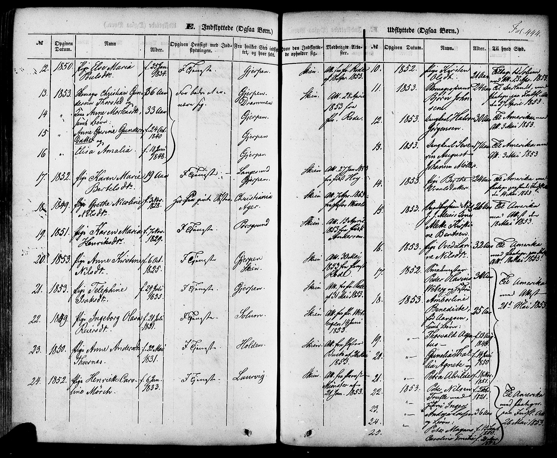 Skien kirkebøker, AV/SAKO-A-302/F/Fa/L0006a: Parish register (official) no. 6A, 1843-1856, p. 444