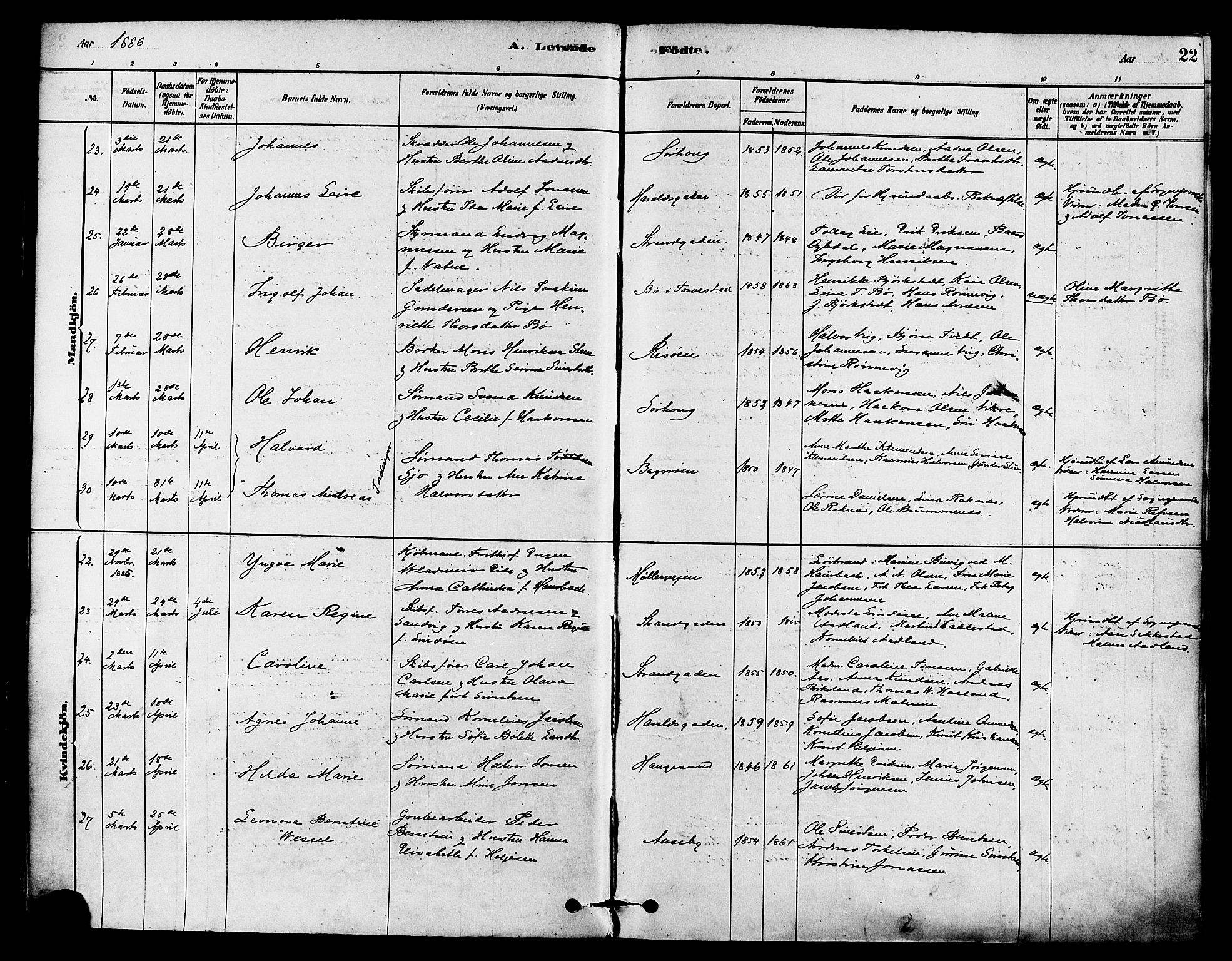 Haugesund sokneprestkontor, SAST/A -101863/H/Ha/Haa/L0003: Parish register (official) no. A 3, 1885-1890, p. 22