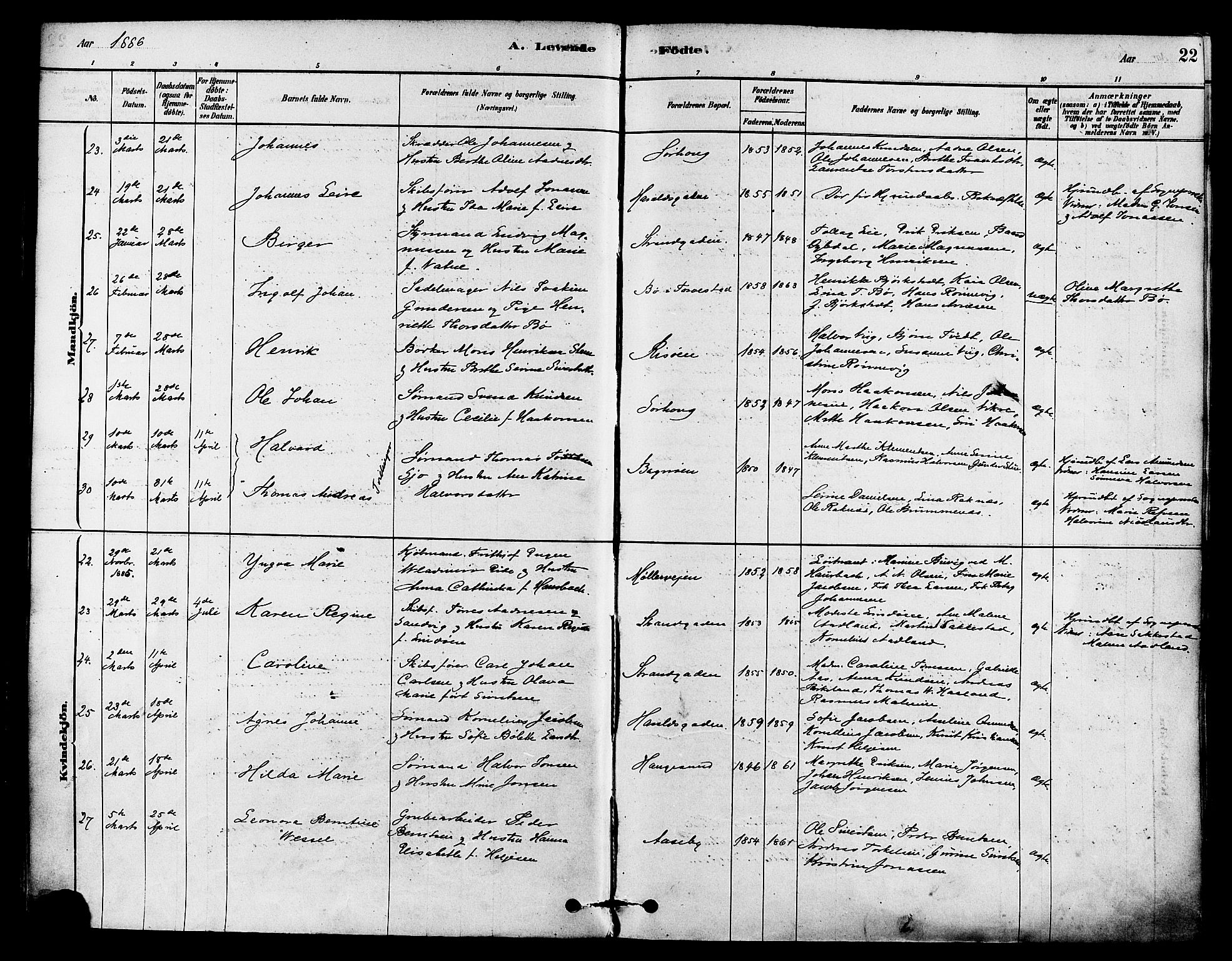 Haugesund sokneprestkontor, AV/SAST-A -101863/H/Ha/Haa/L0003: Parish register (official) no. A 3, 1885-1890, p. 22