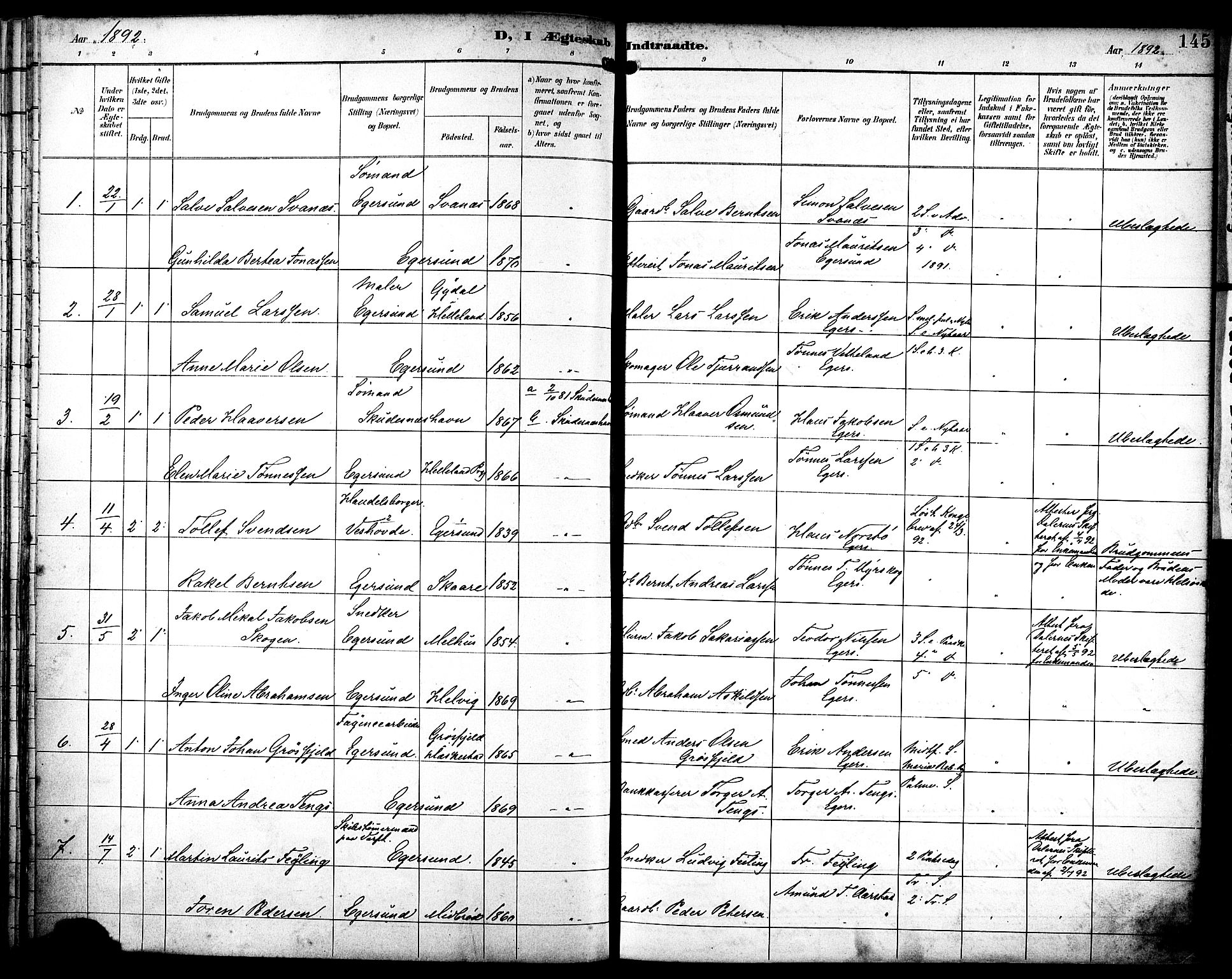 Eigersund sokneprestkontor, SAST/A-101807/S08/L0019: Parish register (official) no. A 18, 1892-1905, p. 145