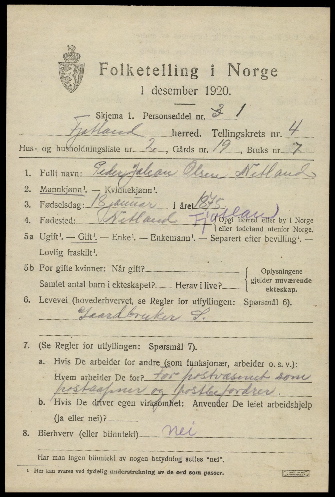 SAK, 1920 census for Fjotland, 1920, p. 1194