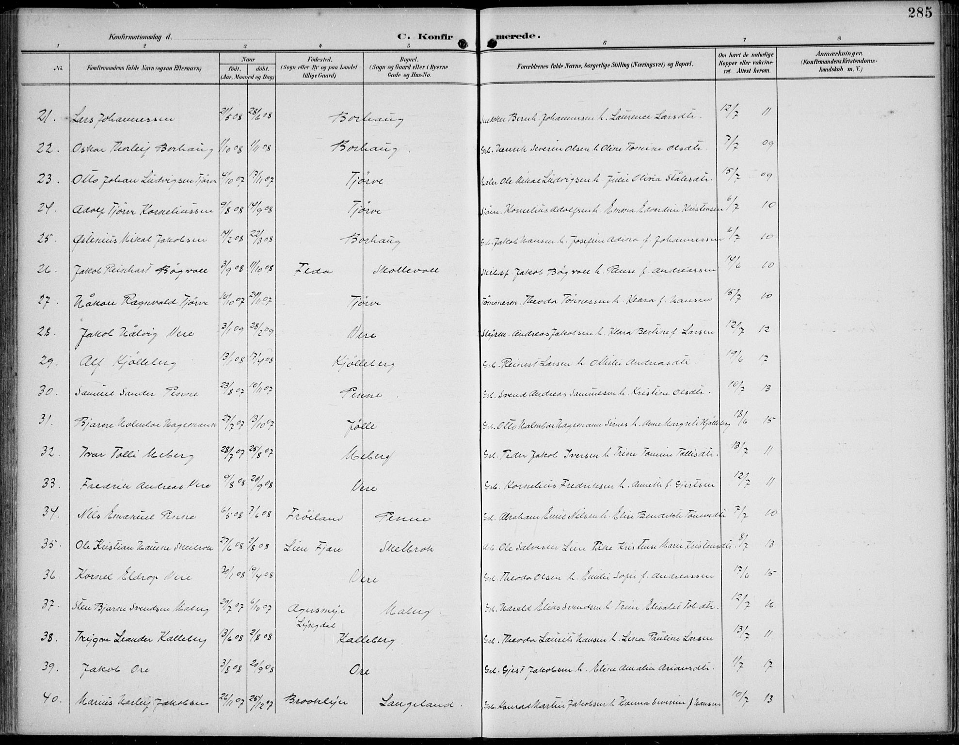 Lista sokneprestkontor, AV/SAK-1111-0027/F/Fb/L0005: Parish register (copy) no. B 5, 1892-1923, p. 285