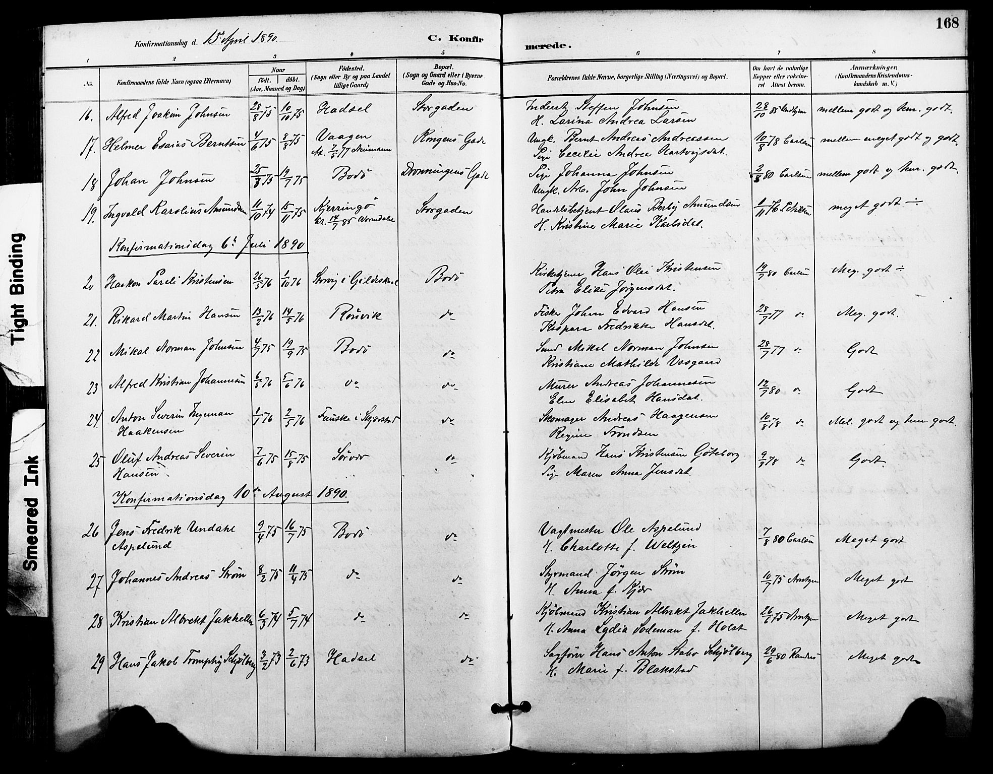 Ministerialprotokoller, klokkerbøker og fødselsregistre - Nordland, AV/SAT-A-1459/801/L0010: Parish register (official) no. 801A10, 1888-1899, p. 168