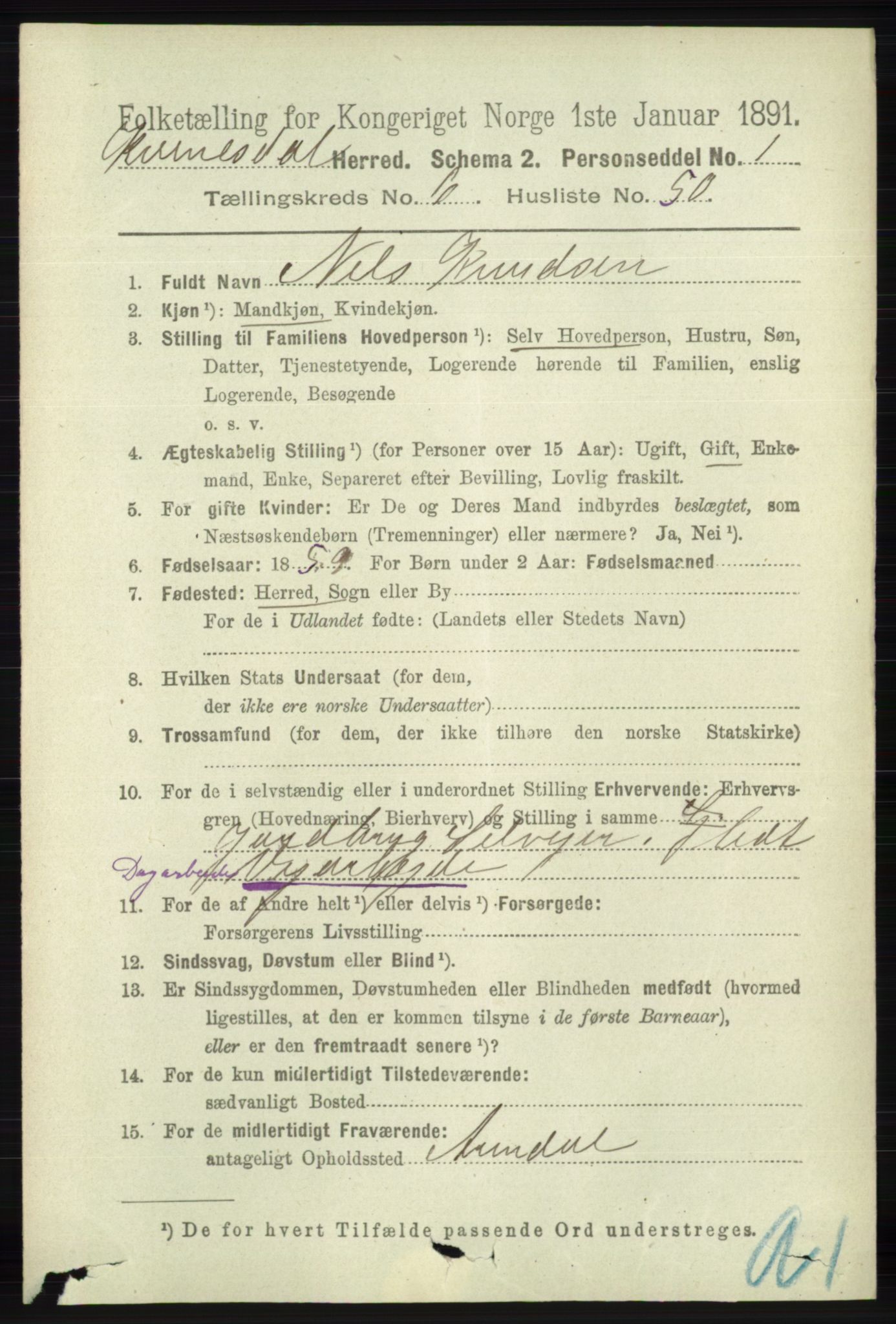 RA, 1891 census for 1037 Kvinesdal, 1891, p. 2372