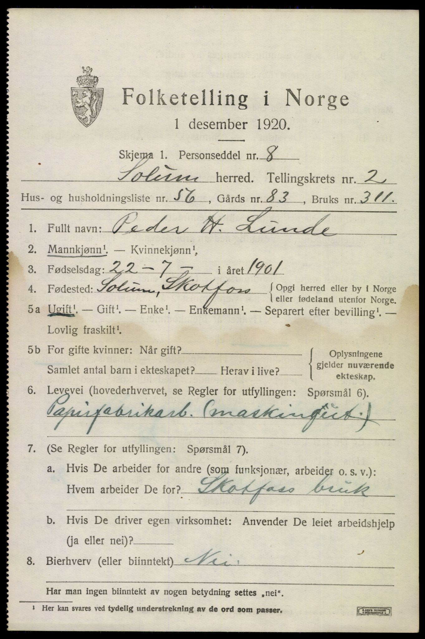 SAKO, 1920 census for Solum, 1920, p. 7670