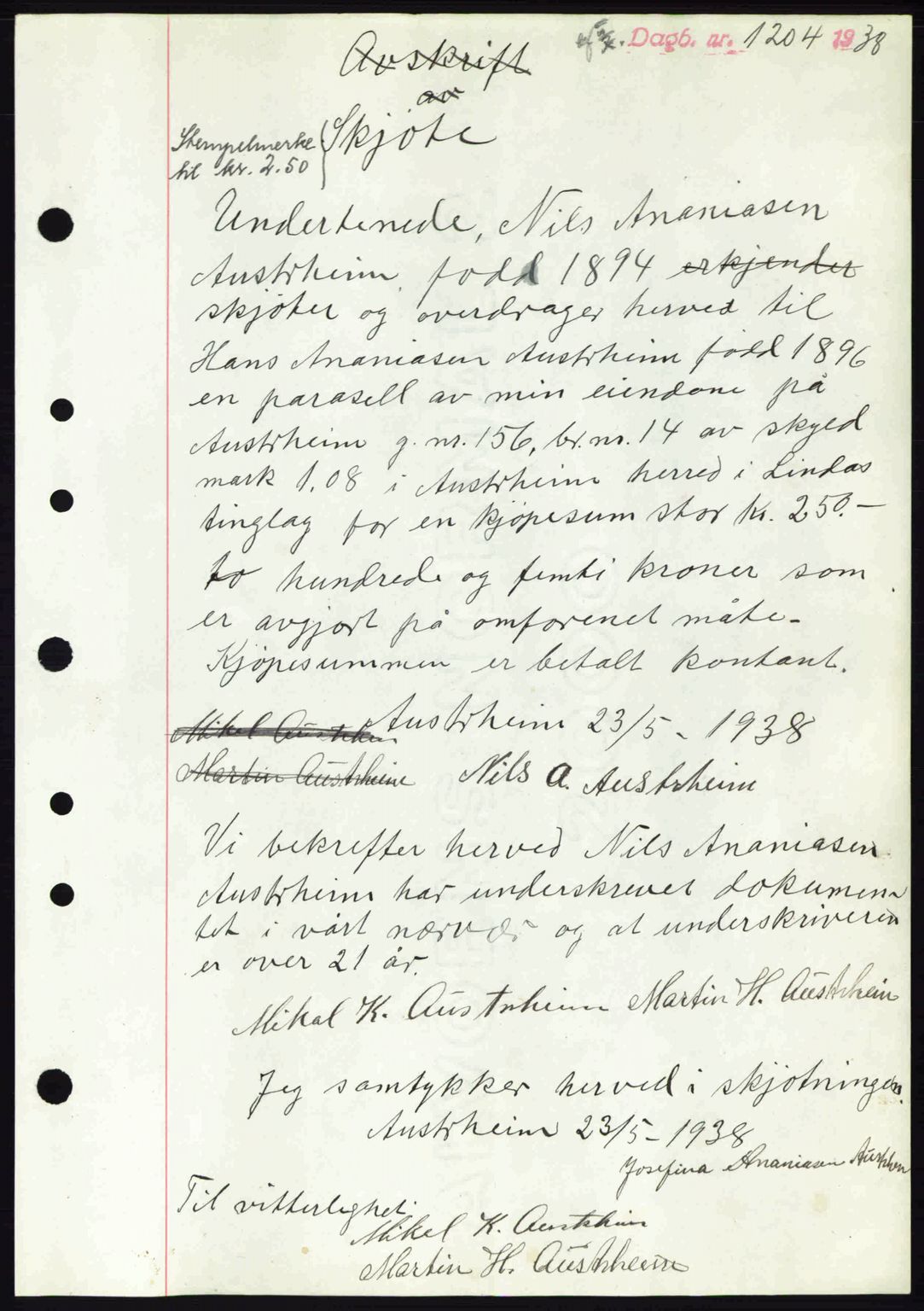 Nordhordland sorenskrivar, AV/SAB-A-2901/1/G/Gb/Gbf/L0006: Mortgage book no. A6, 1938-1938, Diary no: : 1204/1938