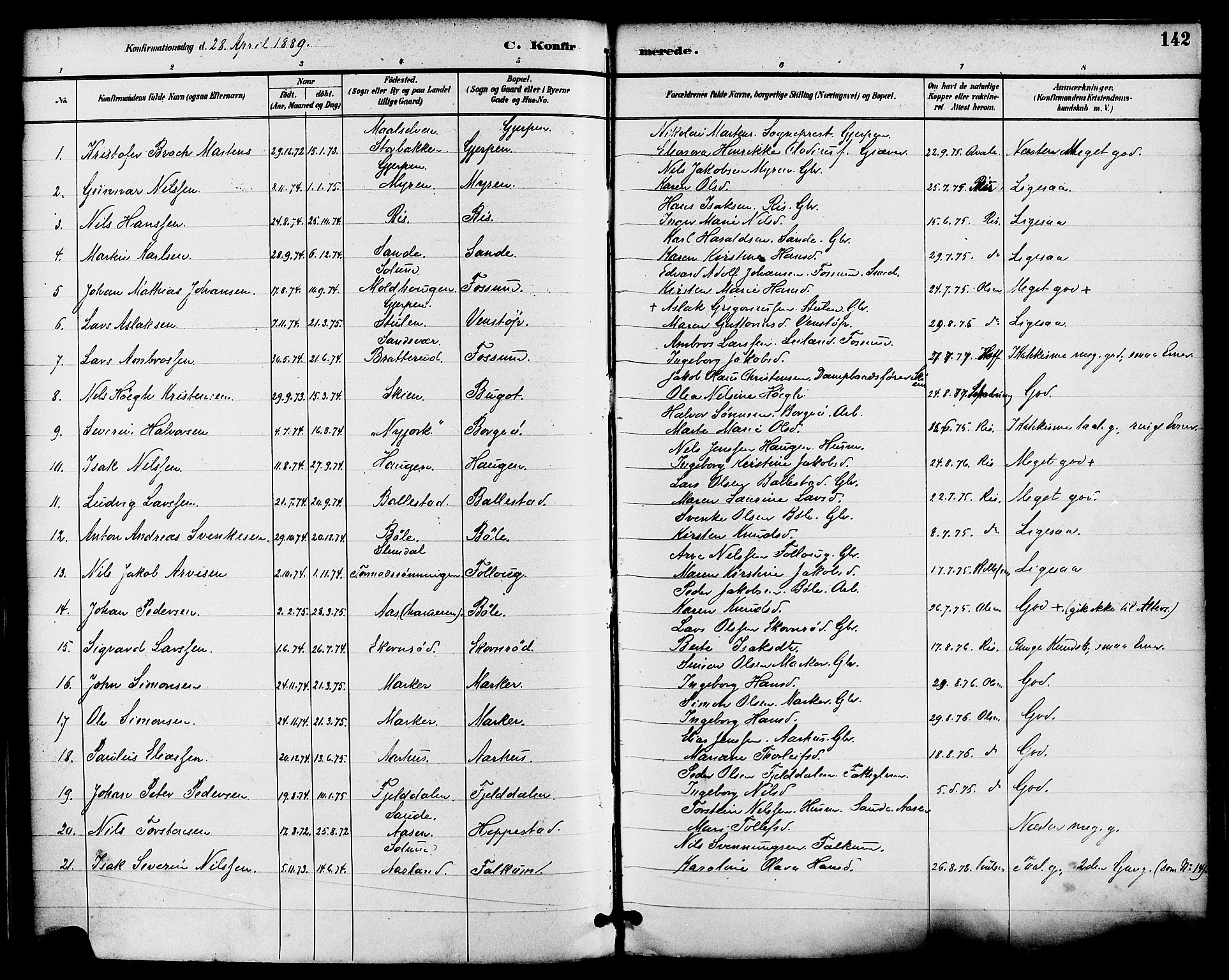 Gjerpen kirkebøker, SAKO/A-265/F/Fa/L0010: Parish register (official) no. I 10, 1886-1895, p. 142