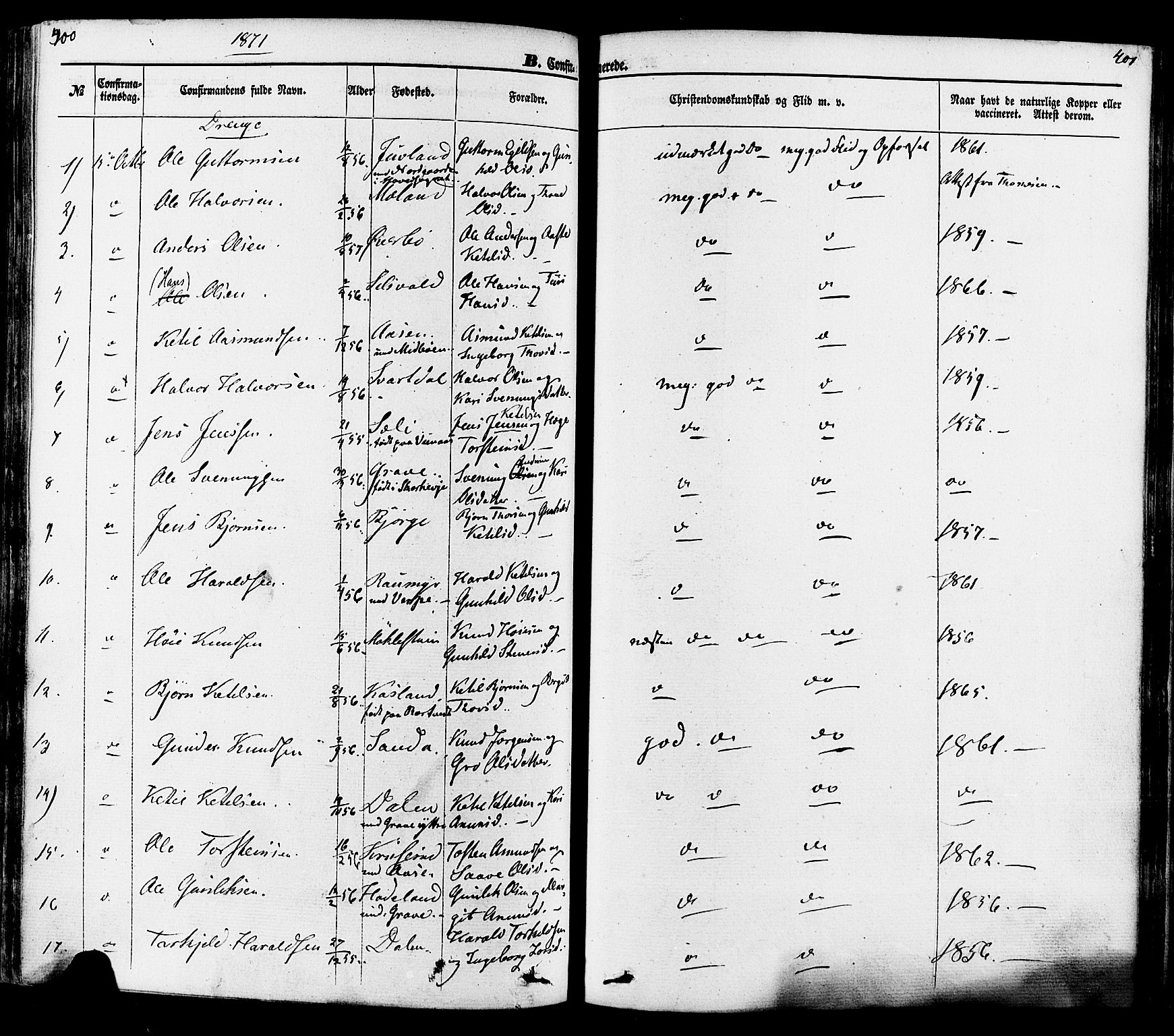 Seljord kirkebøker, AV/SAKO-A-20/F/Fa/L0013: Parish register (official) no. I 13, 1866-1876, p. 400-401