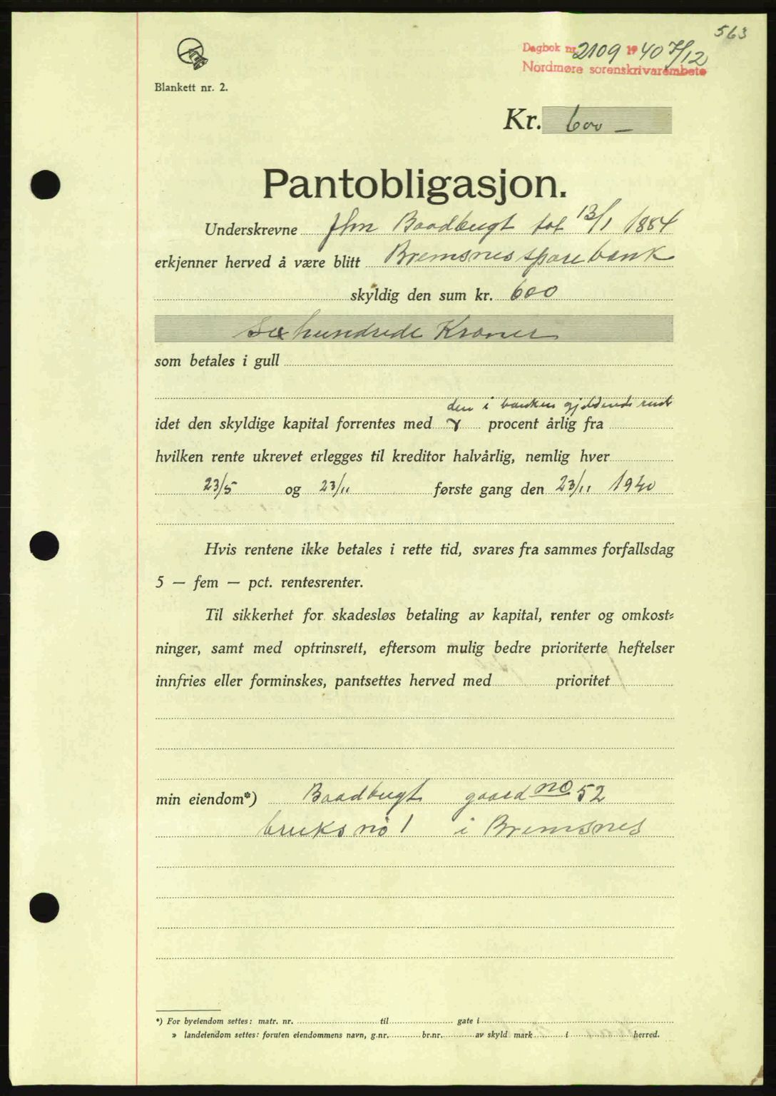 Nordmøre sorenskriveri, AV/SAT-A-4132/1/2/2Ca: Mortgage book no. B87, 1940-1941, Diary no: : 2109/1940