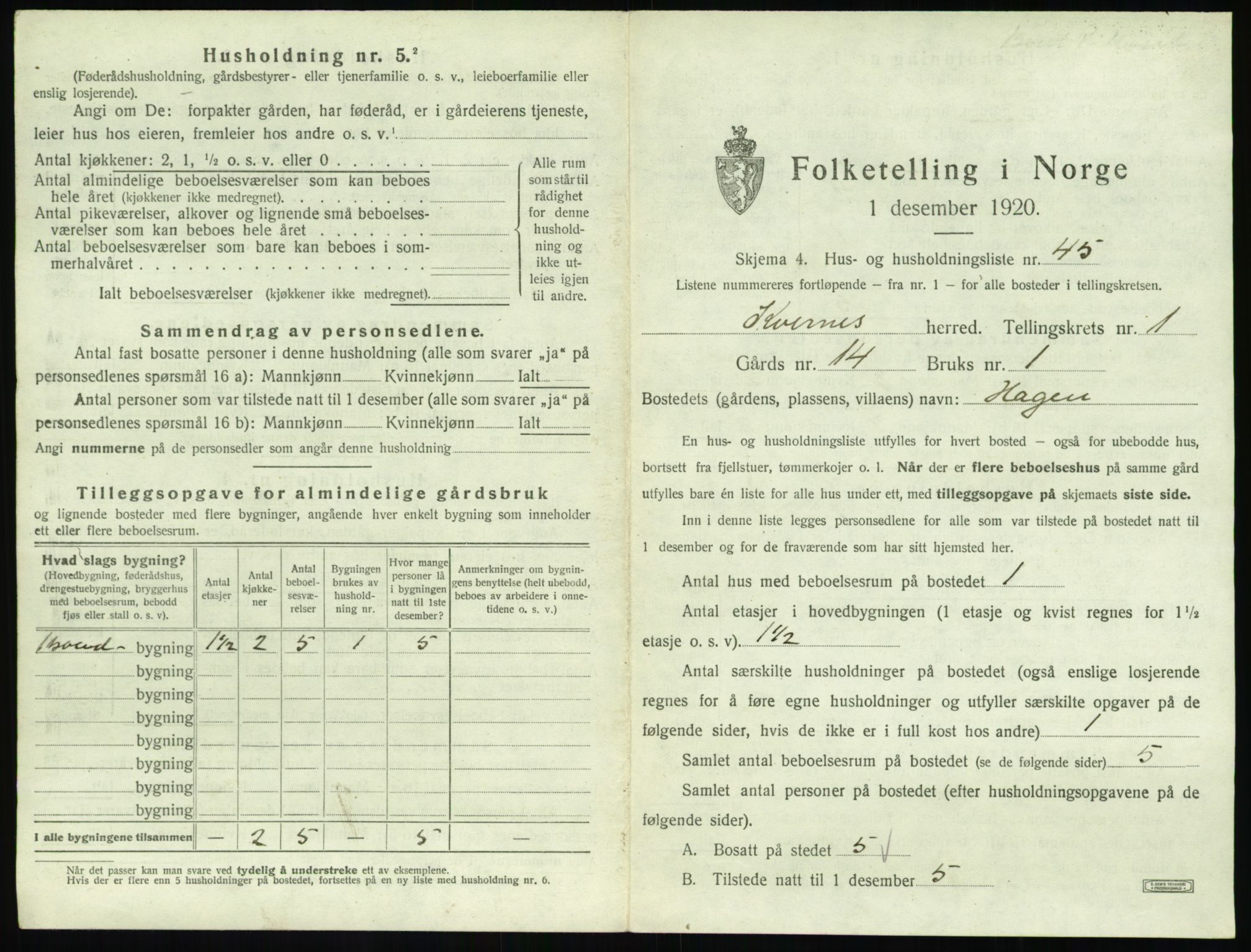 SAT, 1920 census for Kvernes, 1920, p. 107