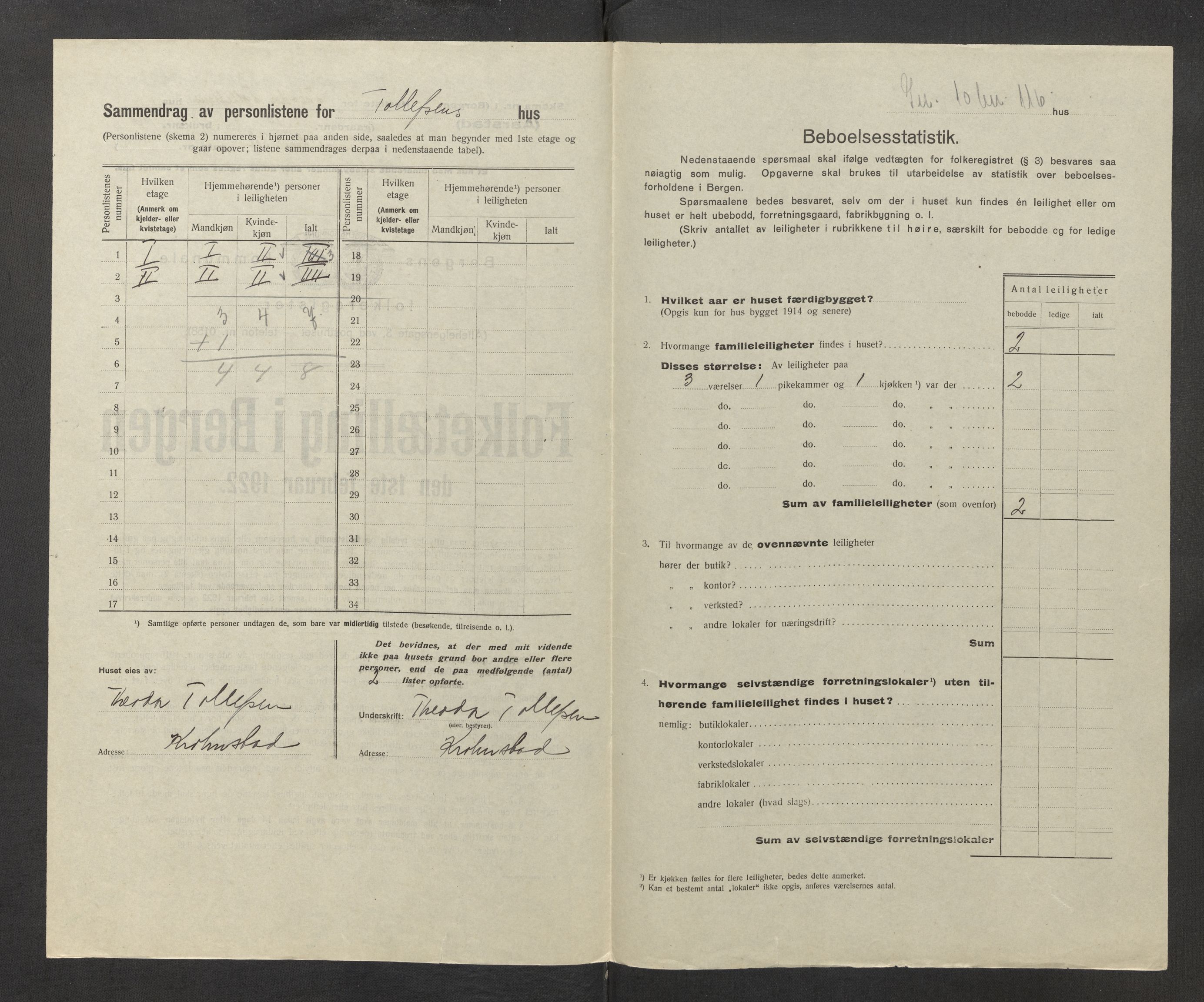SAB, Municipal Census 1922 for Bergen, 1922, p. 60166