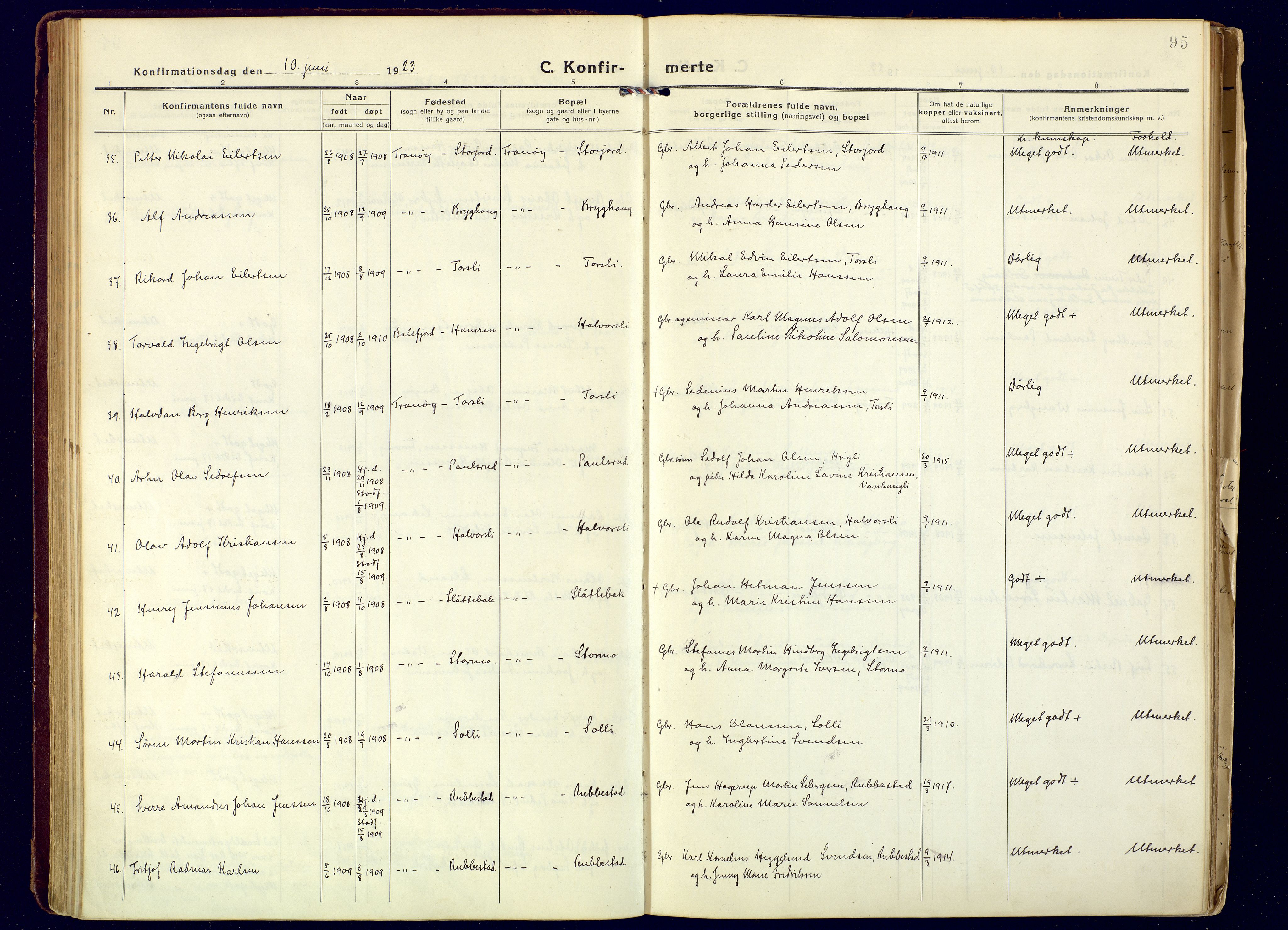 Tranøy sokneprestkontor, AV/SATØ-S-1313/I/Ia/Iaa/L0016kirke: Parish register (official) no. 16, 1919-1932, p. 95