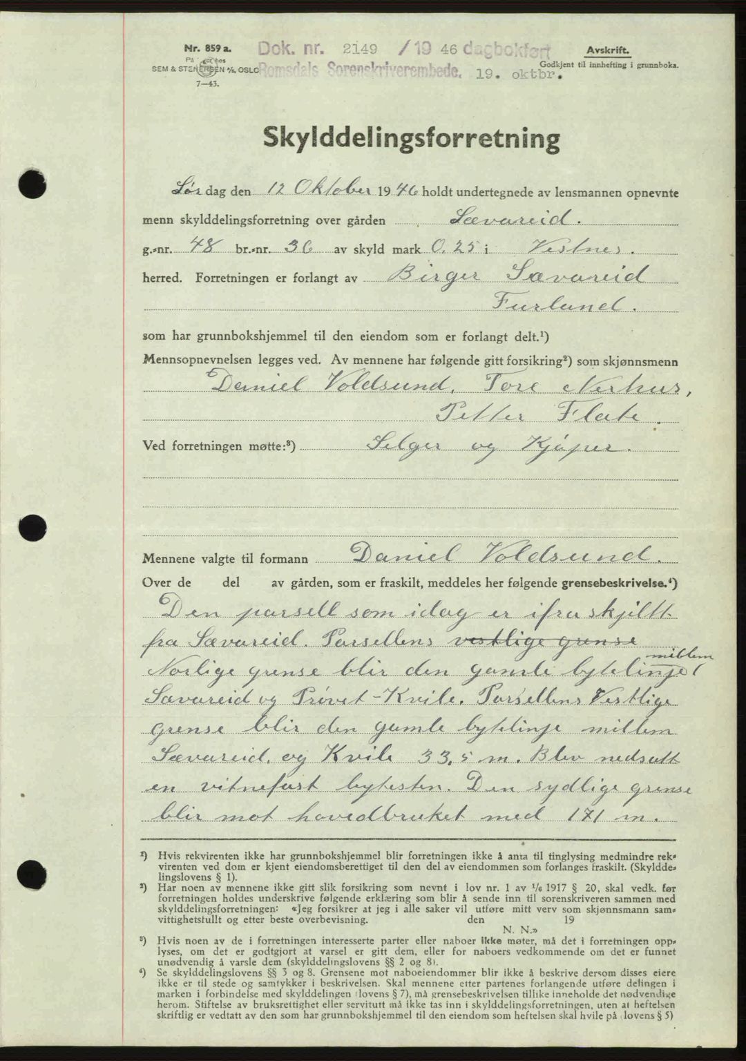 Romsdal sorenskriveri, AV/SAT-A-4149/1/2/2C: Mortgage book no. A21, 1946-1946, Diary no: : 2149/1946