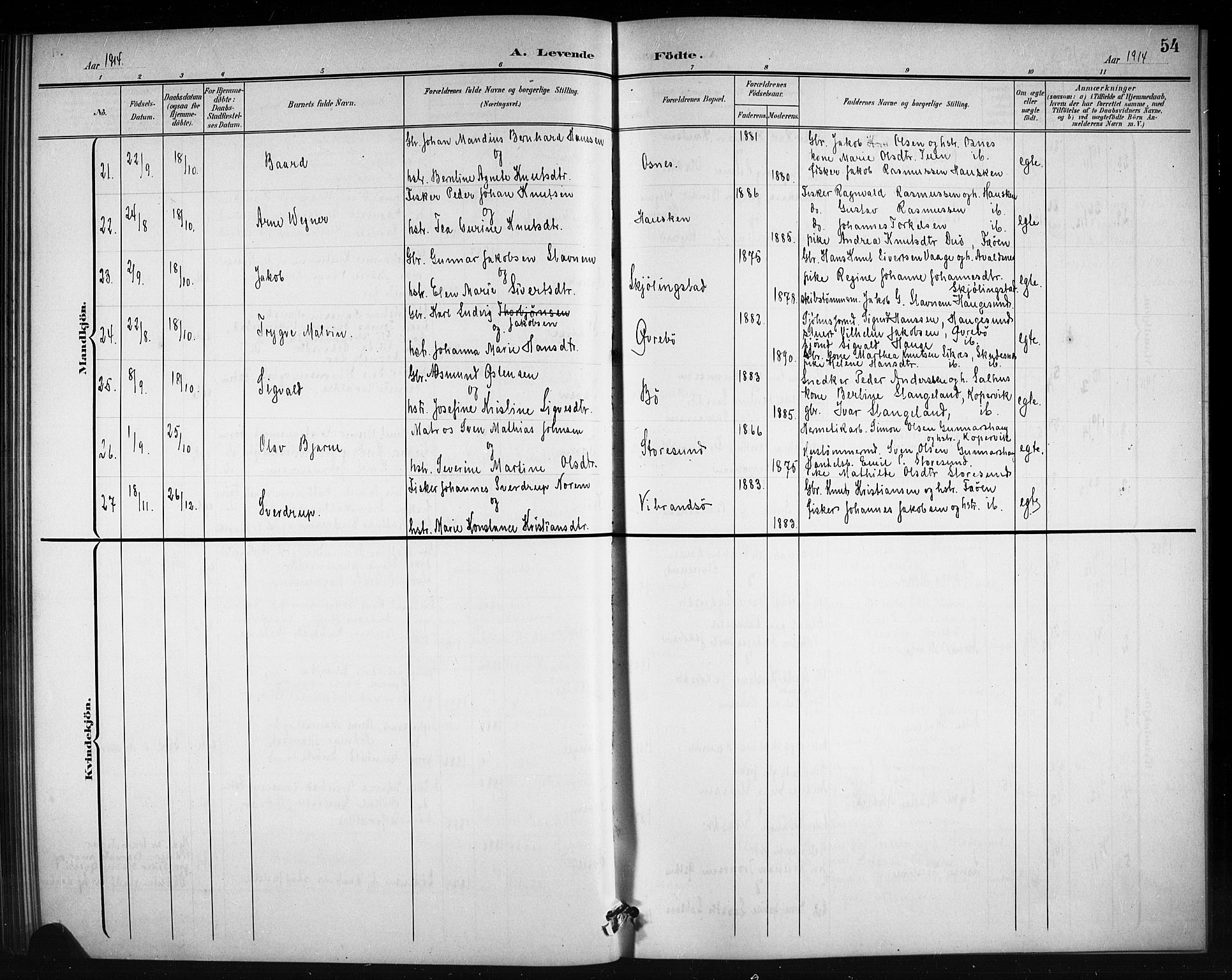 Torvastad sokneprestkontor, AV/SAST-A -101857/H/Ha/Hab/L0008: Parish register (copy) no. B 8, 1901-1924, p. 54