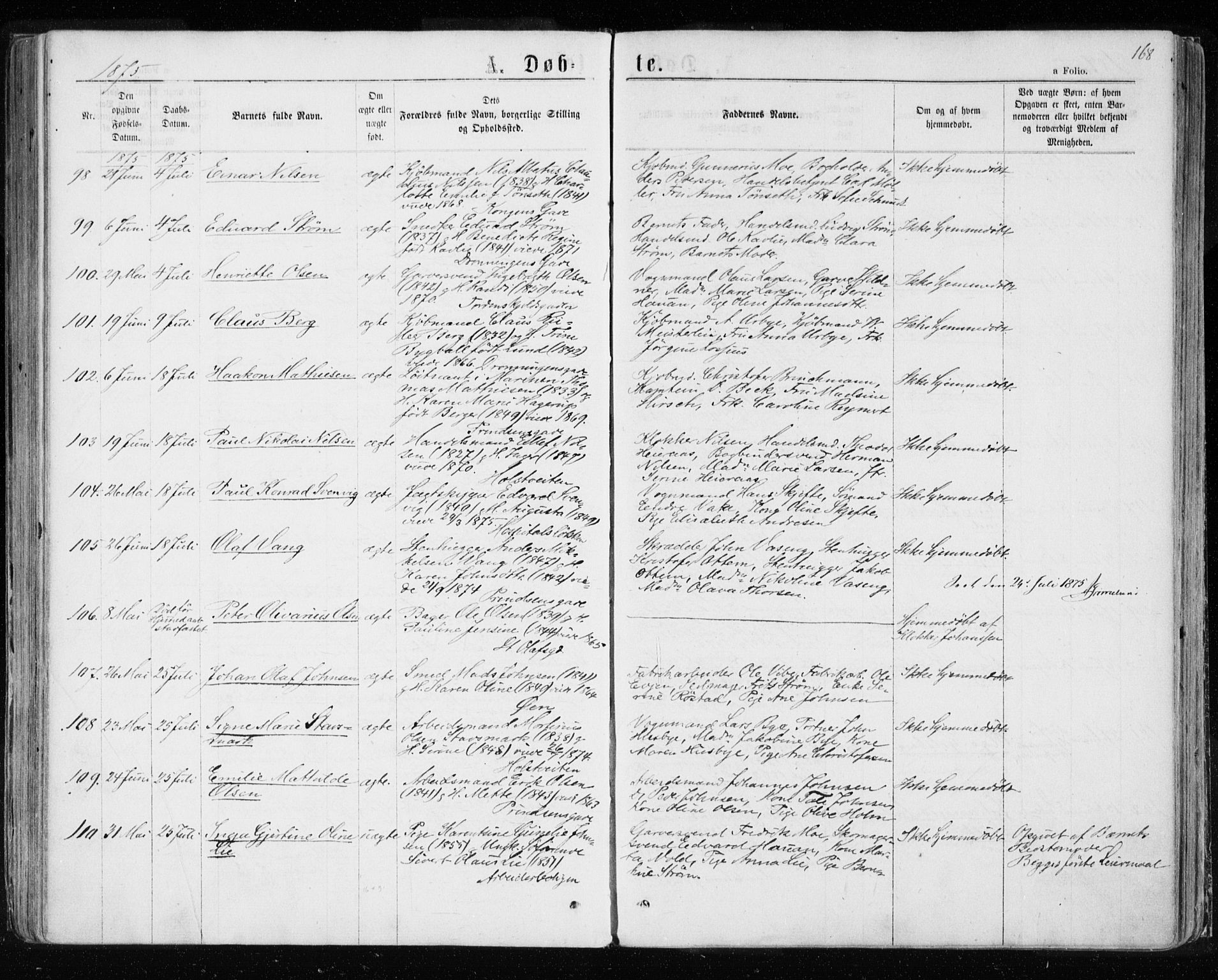 Ministerialprotokoller, klokkerbøker og fødselsregistre - Sør-Trøndelag, SAT/A-1456/601/L0054: Parish register (official) no. 601A22, 1866-1877, p. 168