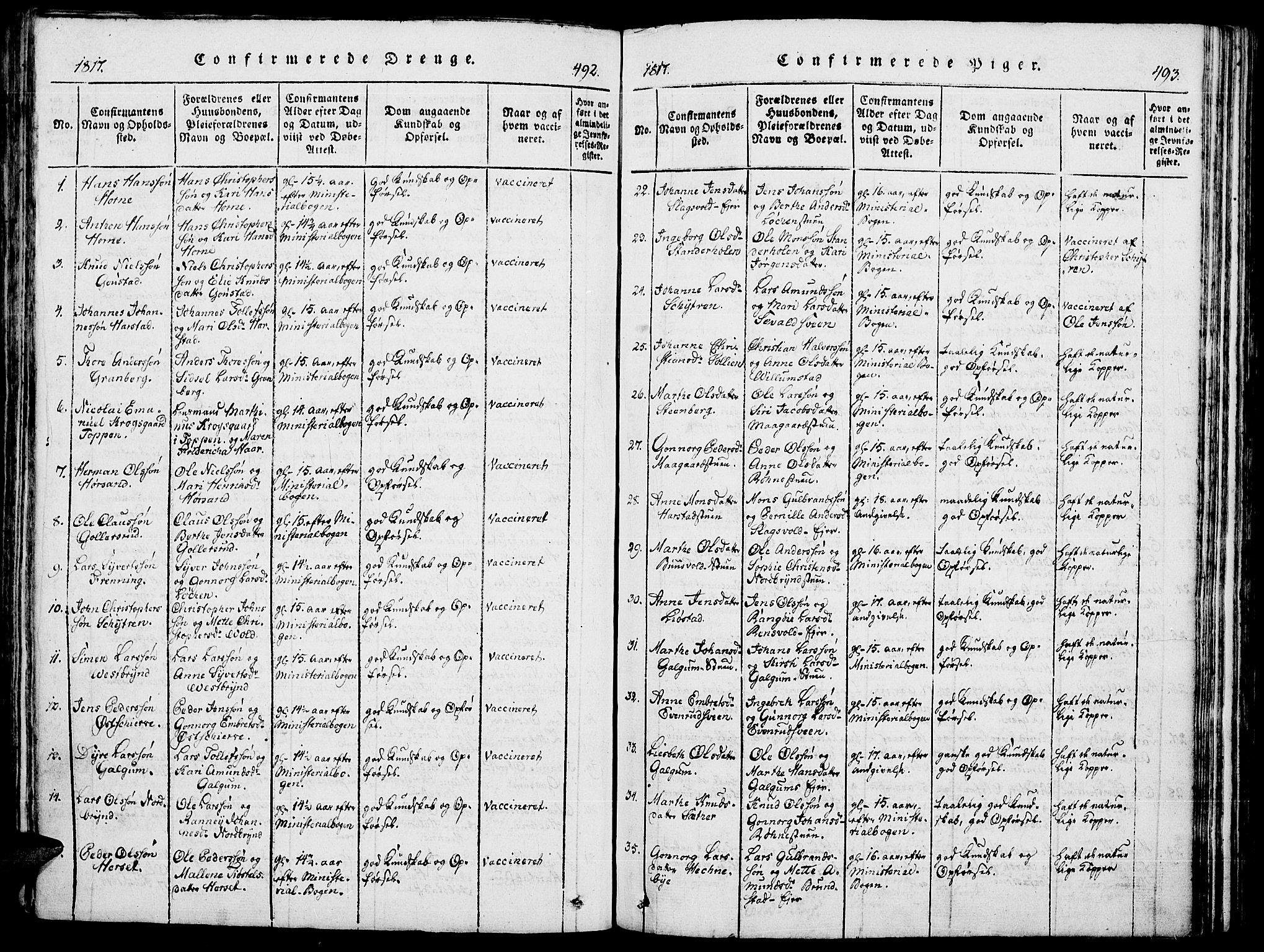 Romedal prestekontor, AV/SAH-PREST-004/K/L0002: Parish register (official) no. 2, 1814-1828, p. 492-493