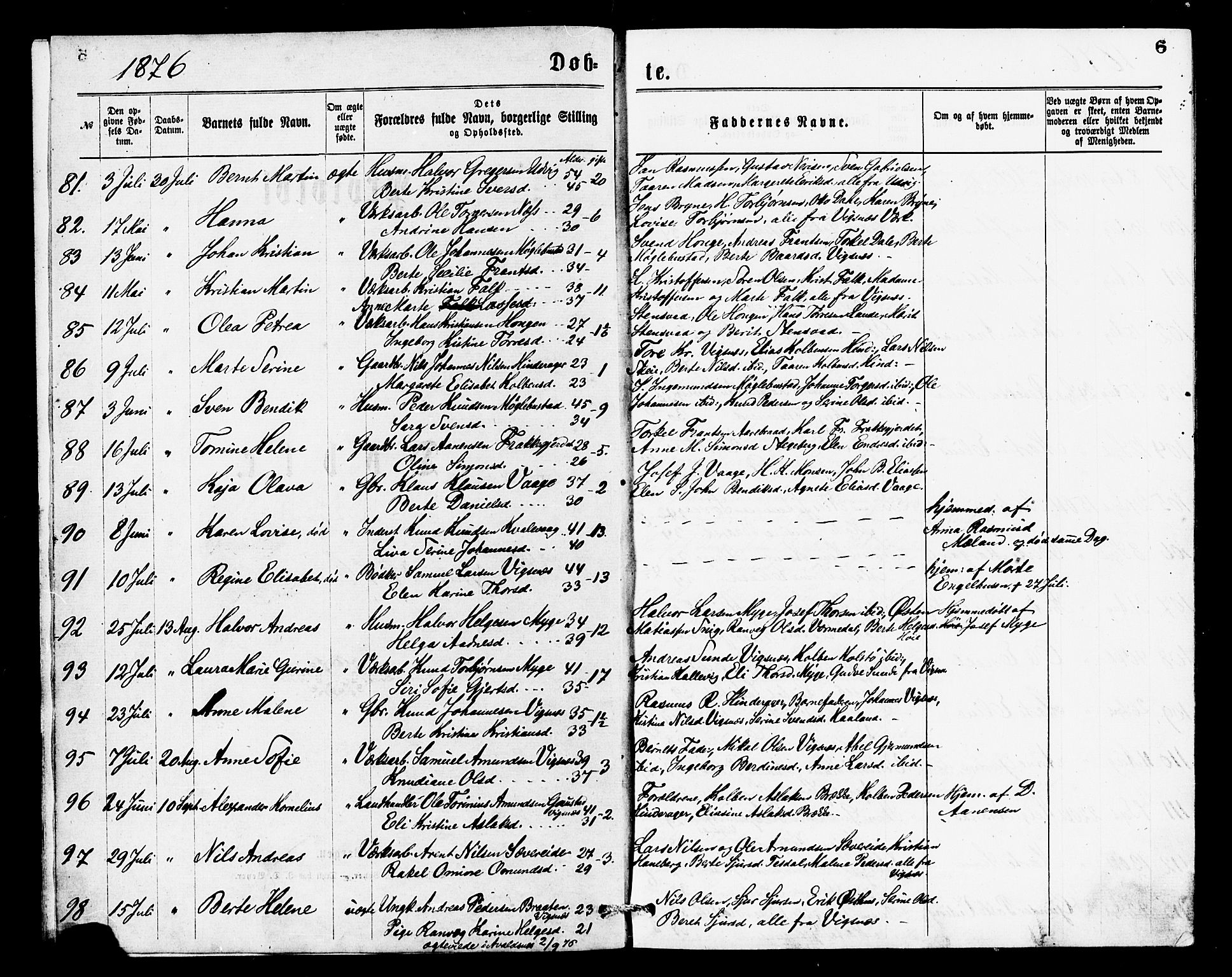 Avaldsnes sokneprestkontor, SAST/A -101851/H/Ha/Haa/L0013: Parish register (official) no. A 13, 1876-1879, p. 6