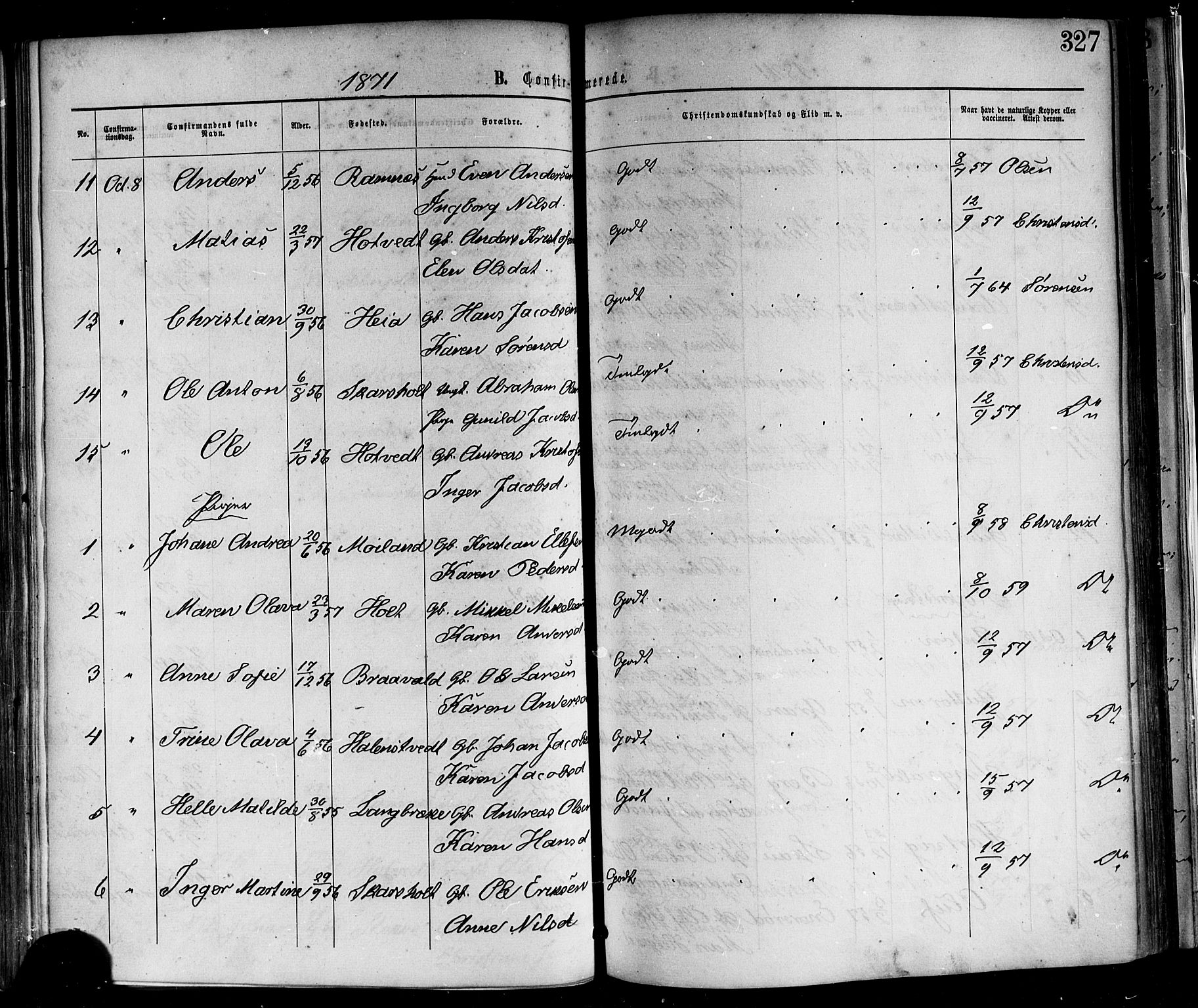 Andebu kirkebøker, AV/SAKO-A-336/F/Fa/L0006: Parish register (official) no. 6, 1871-1878, p. 327