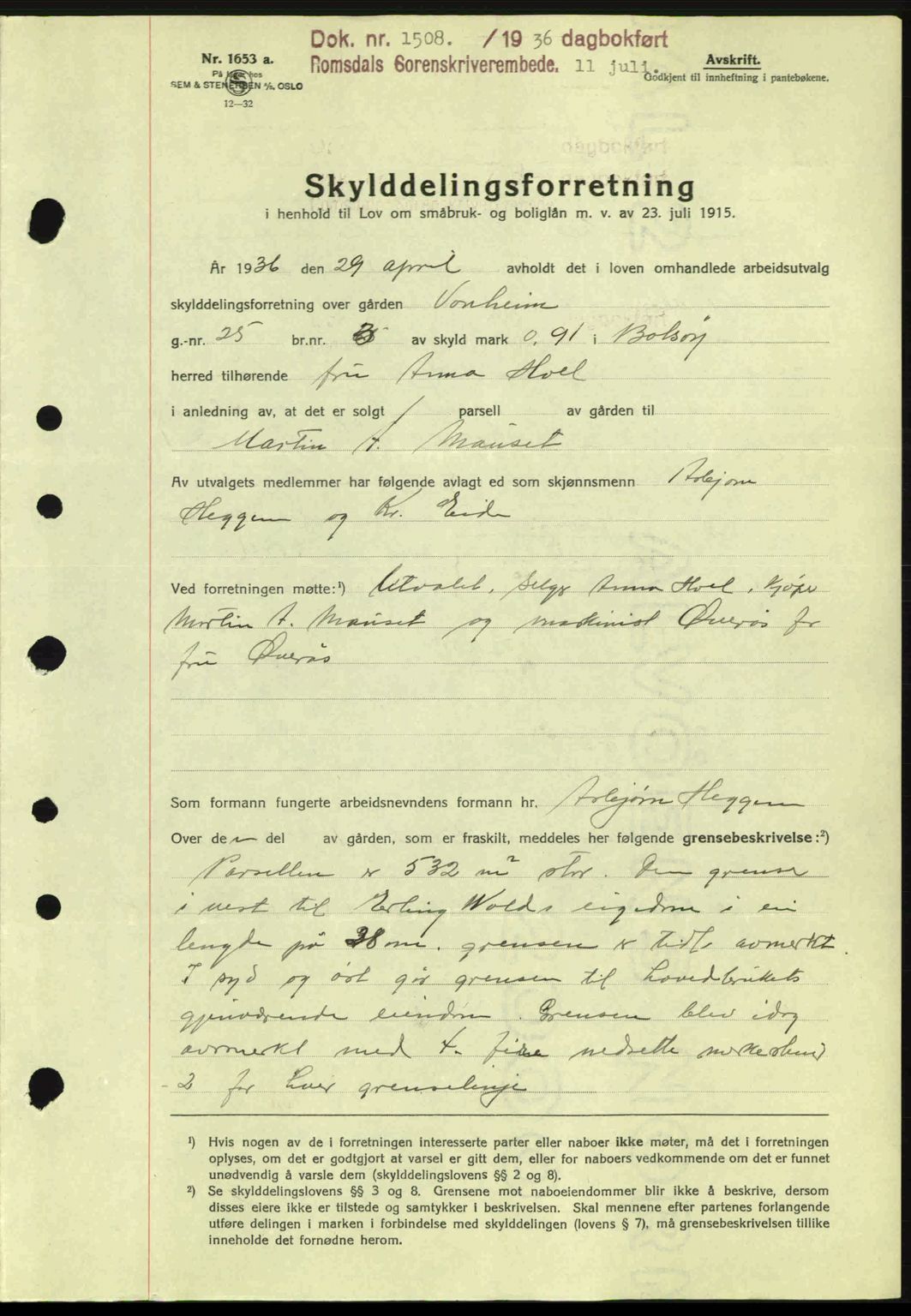 Romsdal sorenskriveri, AV/SAT-A-4149/1/2/2C: Mortgage book no. A1, 1936-1936, Diary no: : 1508/1936