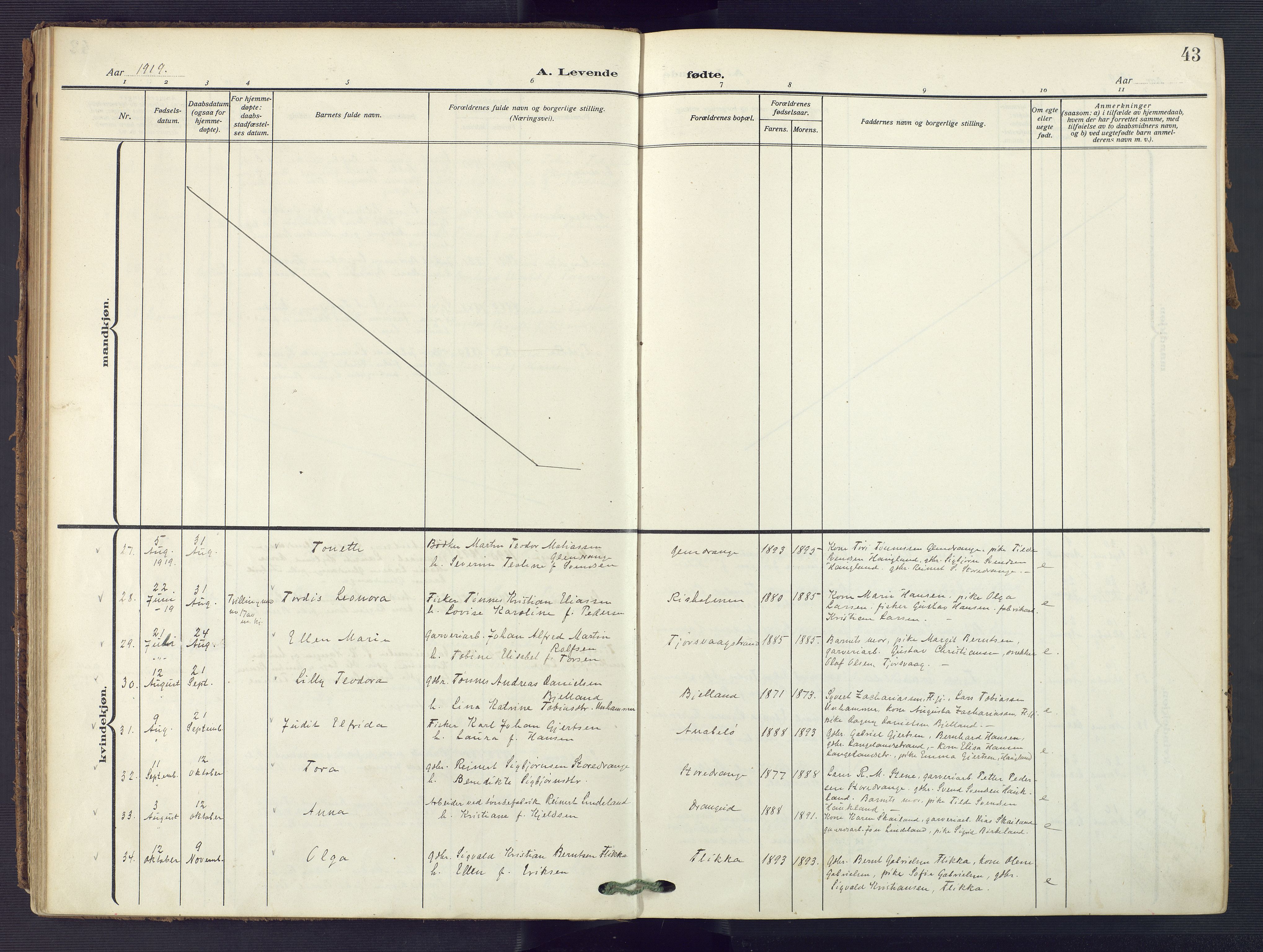 Flekkefjord sokneprestkontor, AV/SAK-1111-0012/F/Fa/Fac/L0010: Parish register (official) no. A 10, 1910-1927, p. 43