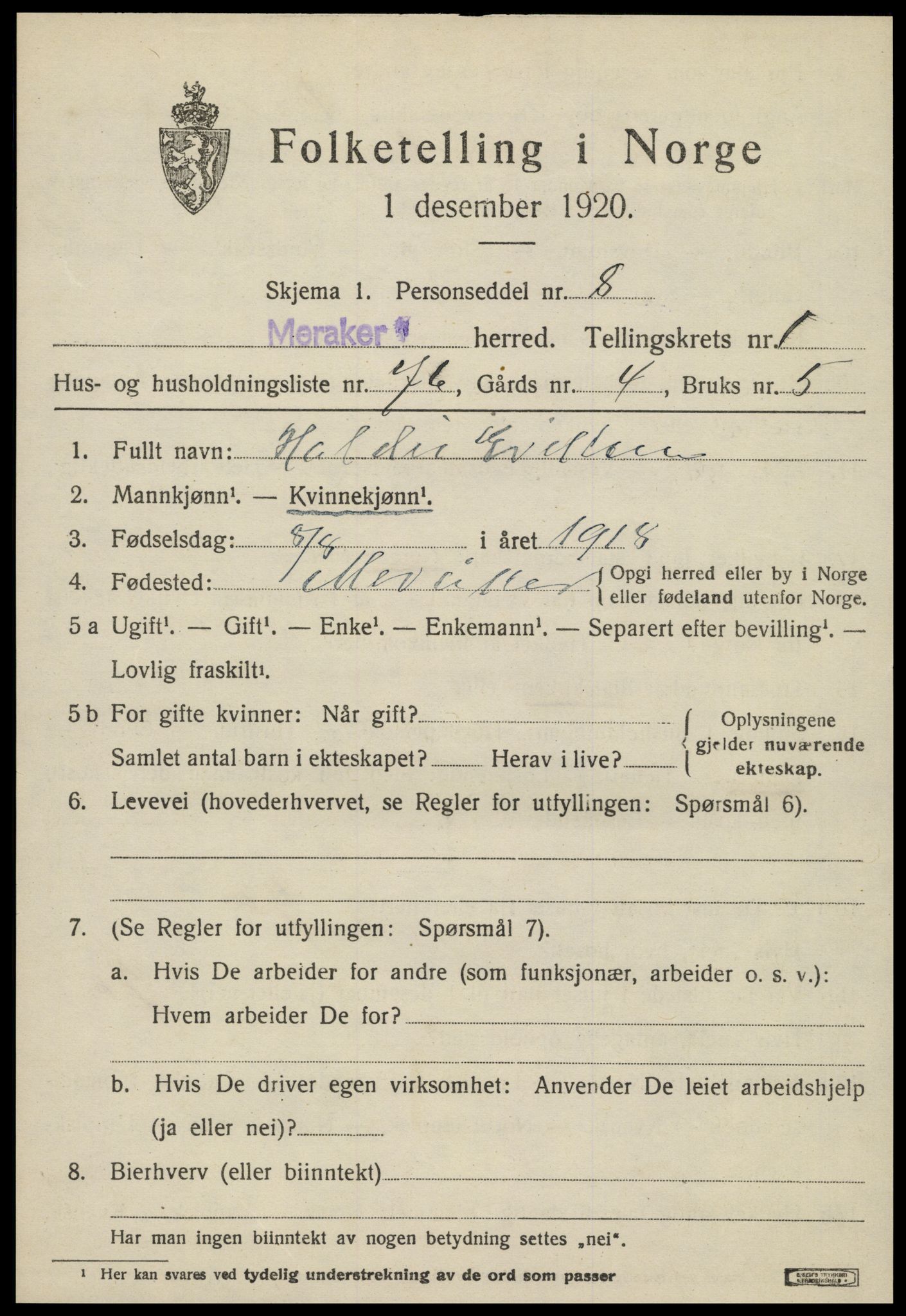 SAT, 1920 census for Meråker, 1920, p. 1732