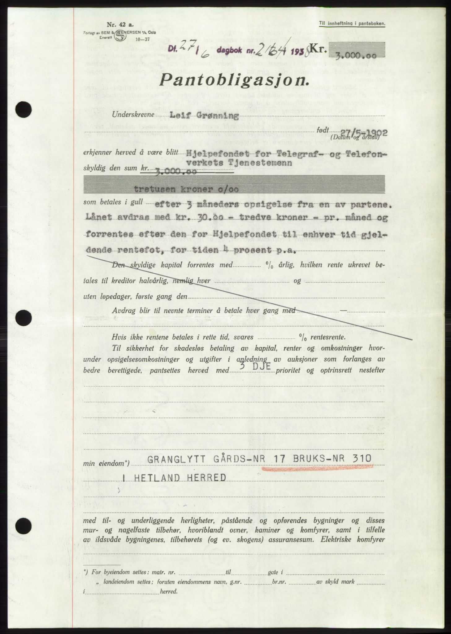 Jæren sorenskriveri, AV/SAST-A-100310/03/G/Gba/L0071: Mortgage book, 1938-1938, Diary no: : 2164/1938