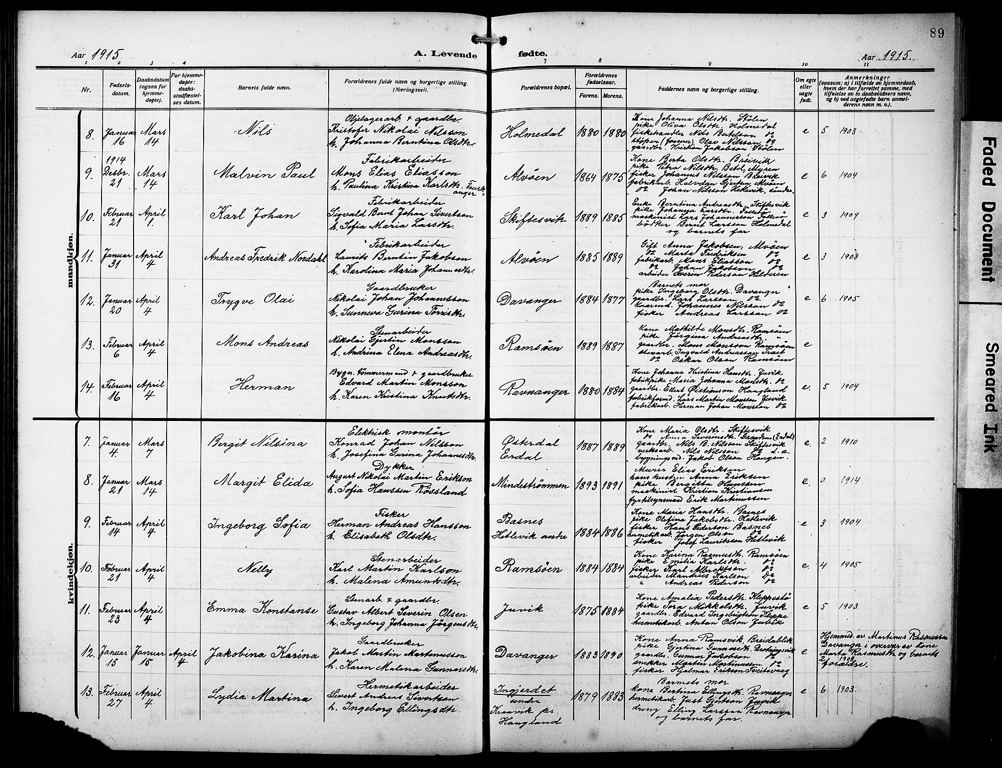 Askøy Sokneprestembete, AV/SAB-A-74101/H/Ha/Hab/Haba/L0011: Parish register (copy) no. A 11, 1908-1931, p. 89