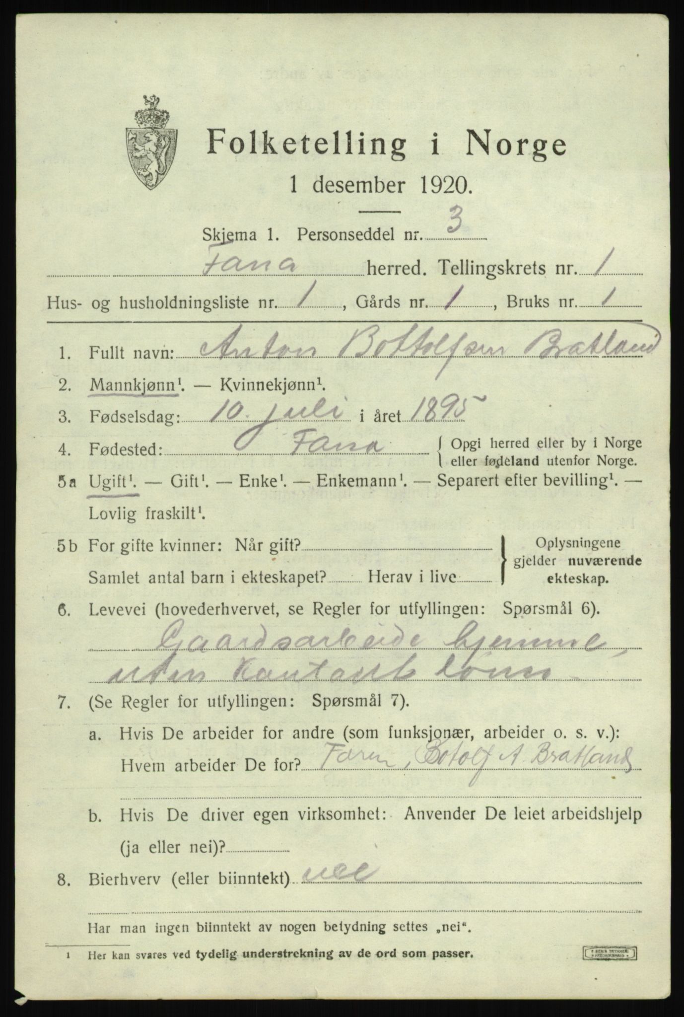 SAB, 1920 census for Fana, 1920, p. 3625