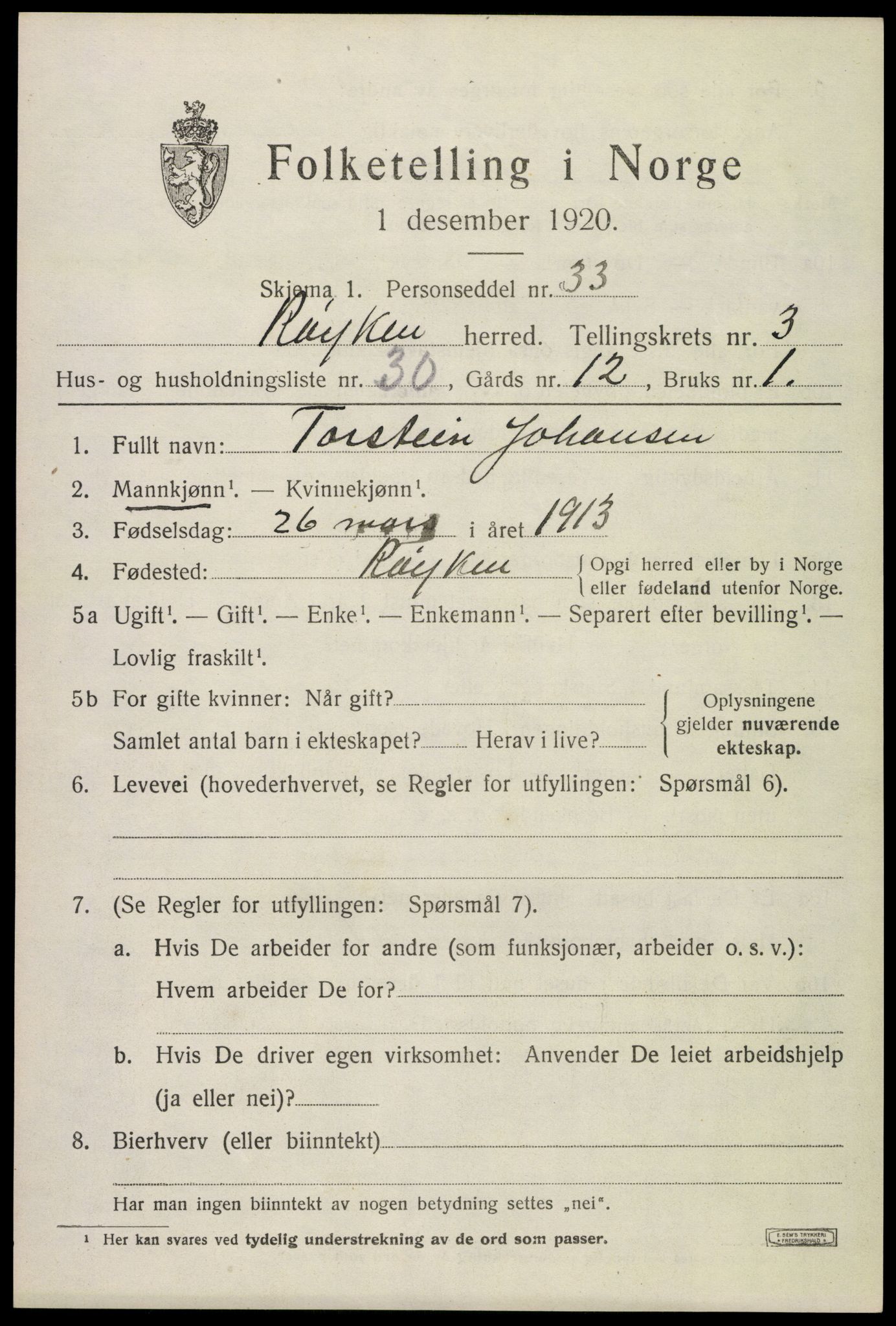 SAKO, 1920 census for Røyken, 1920, p. 4574