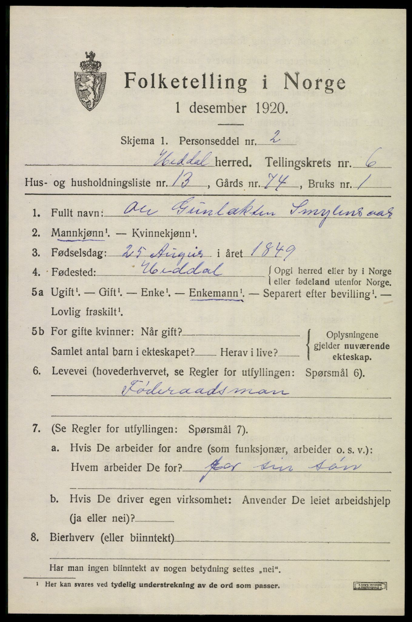 SAKO, 1920 census for Heddal, 1920, p. 5304