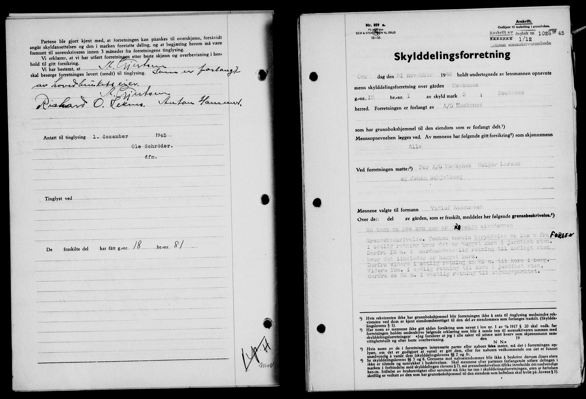 Lofoten sorenskriveri, SAT/A-0017/1/2/2C/L0013a: Mortgage book no. 13a, 1944-1946, Diary no: : 1028/1945