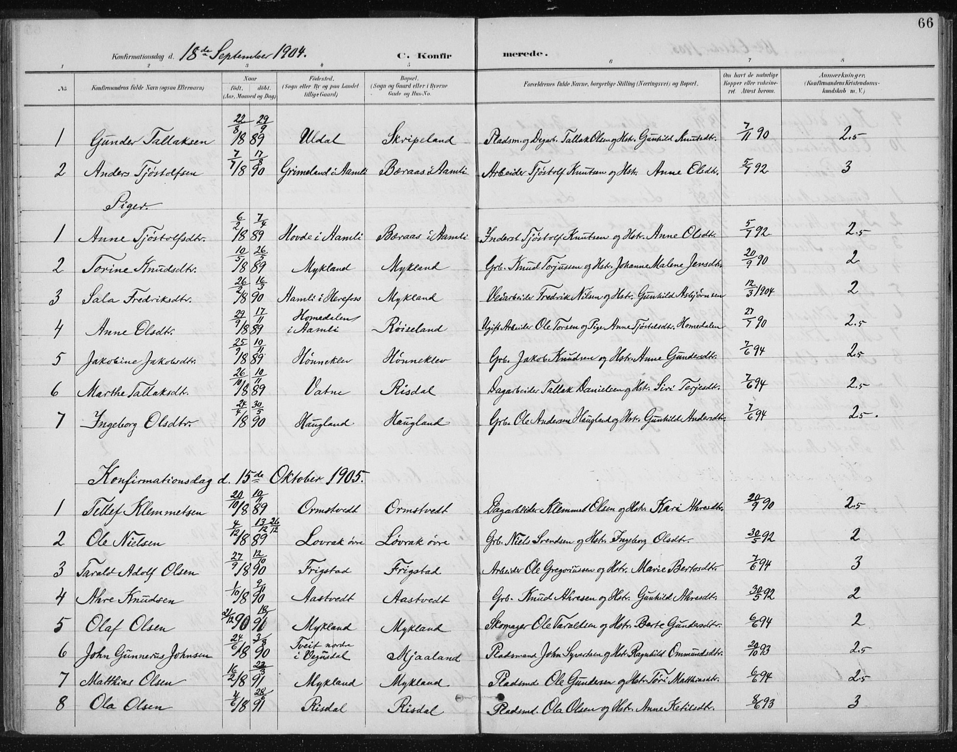 Herefoss sokneprestkontor, SAK/1111-0019/F/Fa/Fac/L0002: Parish register (official) no. A 2, 1887-1915, p. 66