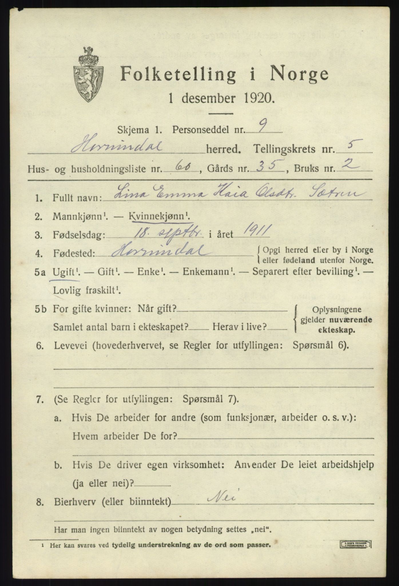 SAB, 1920 census for Hornindal, 1920, p. 3128