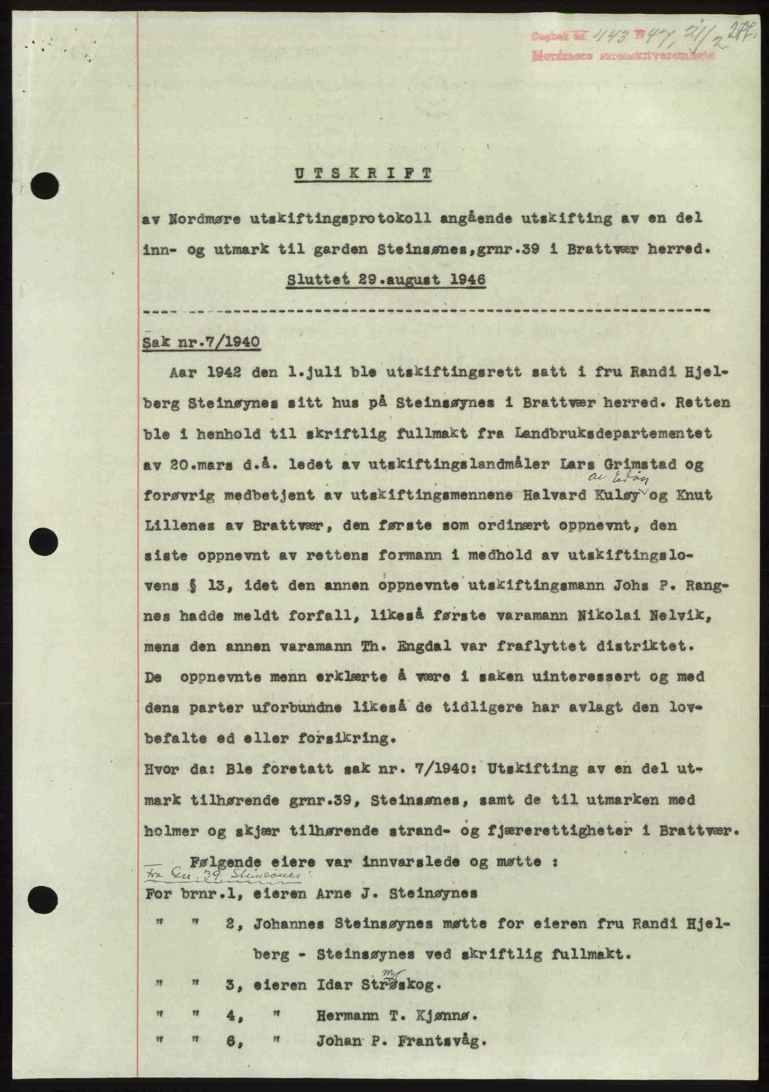 Nordmøre sorenskriveri, AV/SAT-A-4132/1/2/2Ca: Mortgage book no. A104, 1947-1947, Diary no: : 443/1947