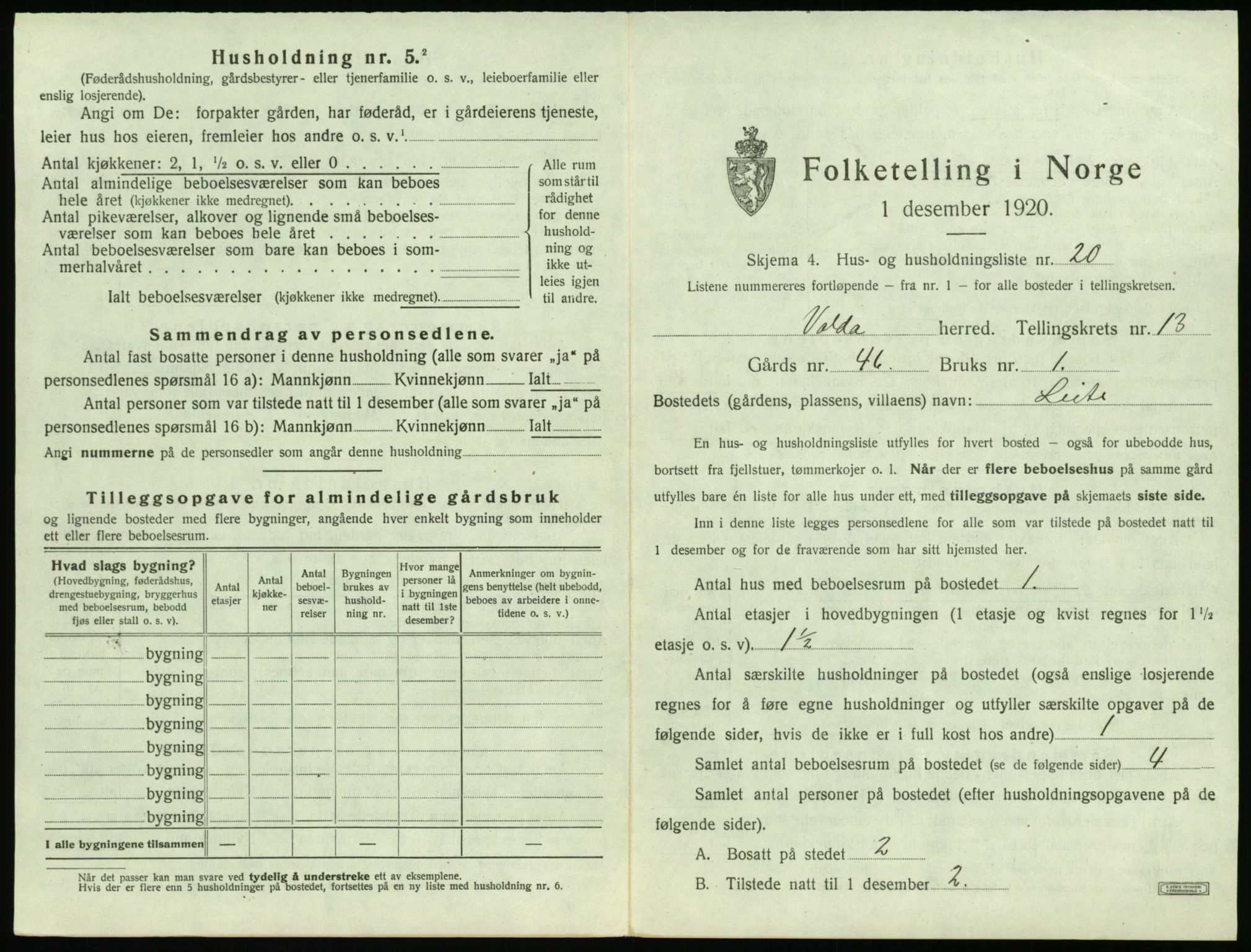 SAT, 1920 census for Volda, 1920, p. 1086