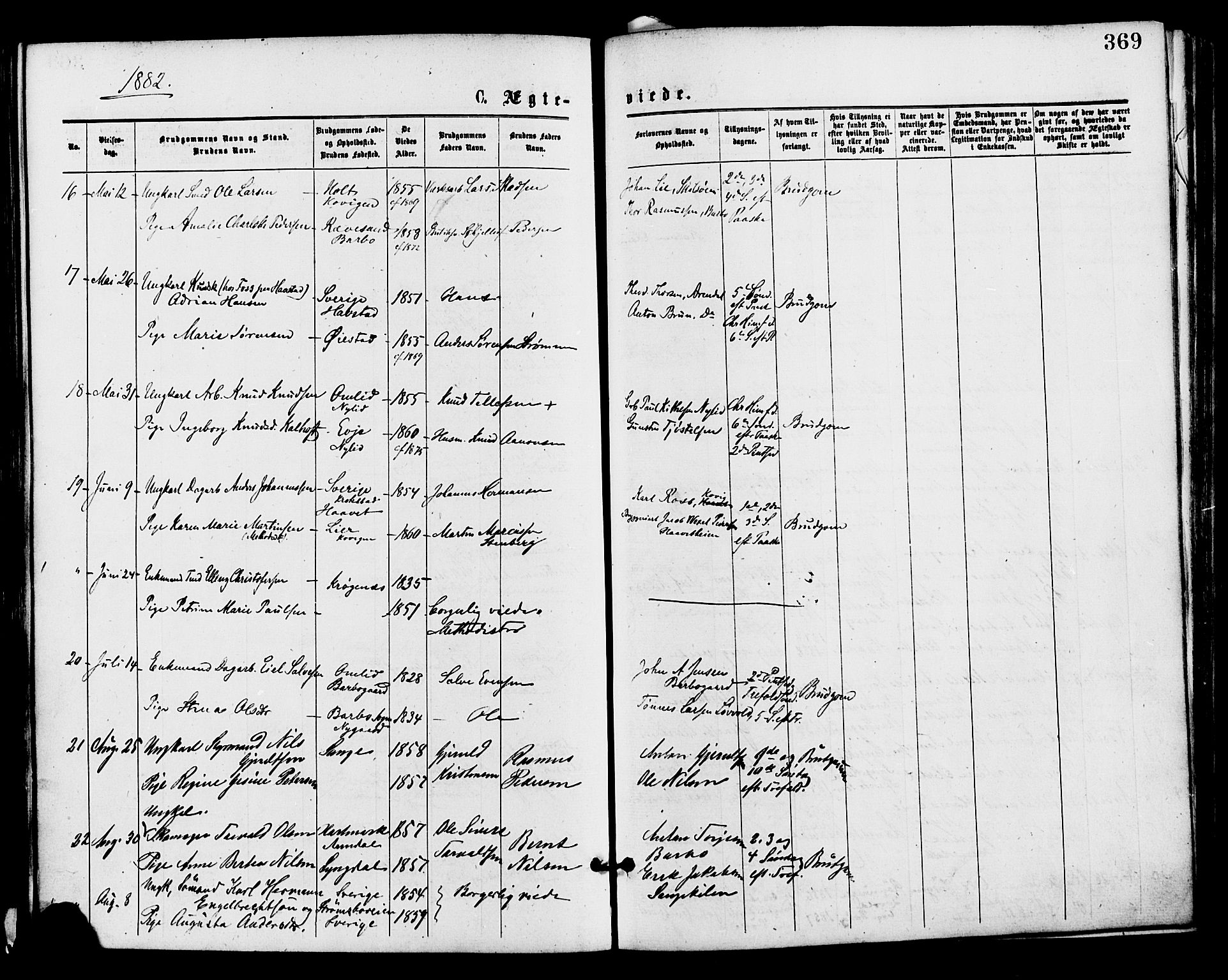 Barbu sokneprestkontor, AV/SAK-1111-0003/F/Fa/L0001: Parish register (official) no. A 1 /1, 1878-1883, p. 369