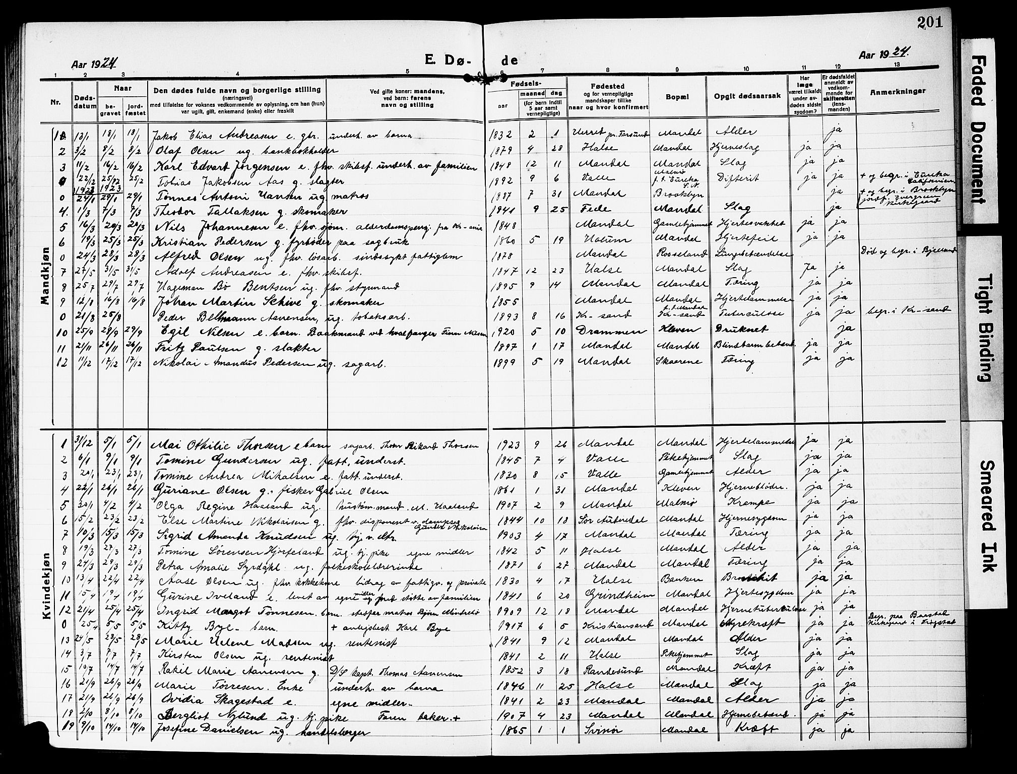 Mandal sokneprestkontor, SAK/1111-0030/F/Fb/Fbc/L0001: Parish register (copy) no. B 1, 1918-1931, p. 201