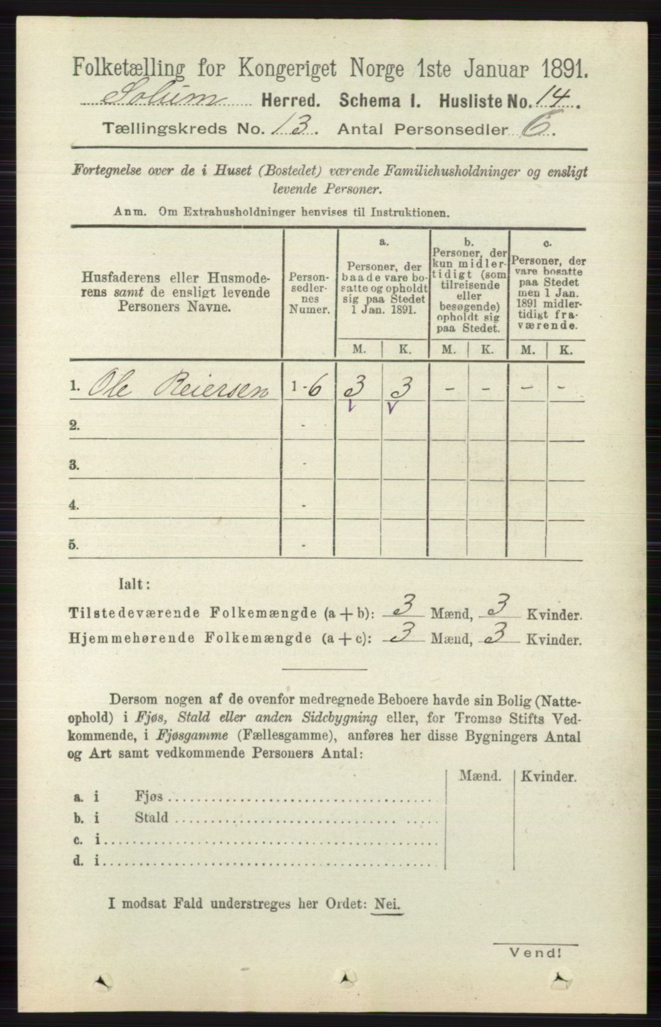 RA, 1891 census for 0818 Solum, 1891, p. 6016