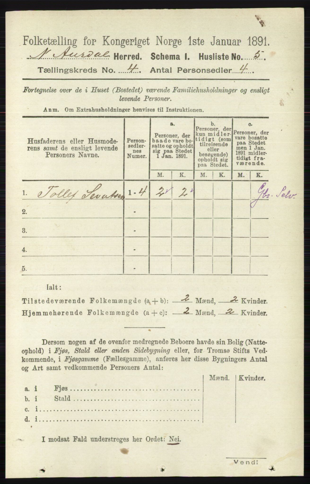 RA, 1891 census for 0542 Nord-Aurdal, 1891, p. 1153