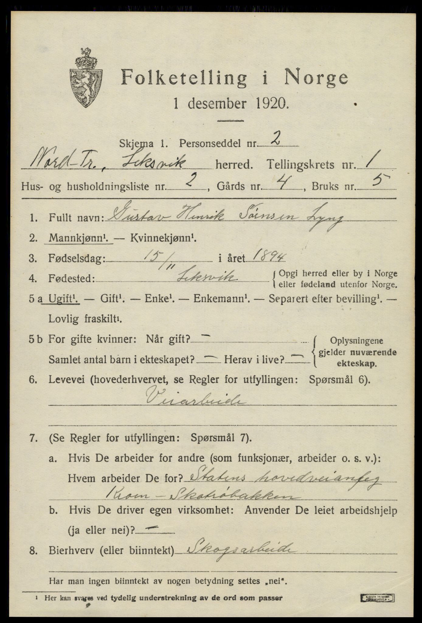 SAT, 1920 census for Leksvik, 1920, p. 1126