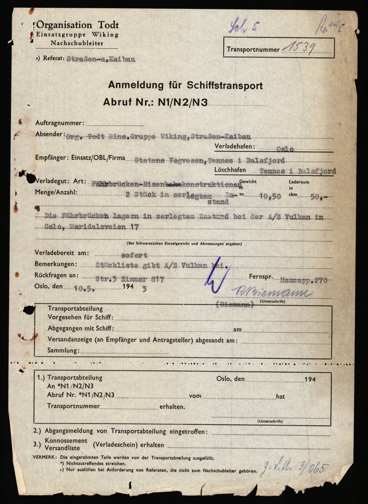 Tyske arkiver, Organisation Todt (OT), Einsatzgruppe Wiking, AV/RA-RAFA-2188/1/E/E2/E2d/L0023: Fähren und Anlegen, 1942-1944, p. 122