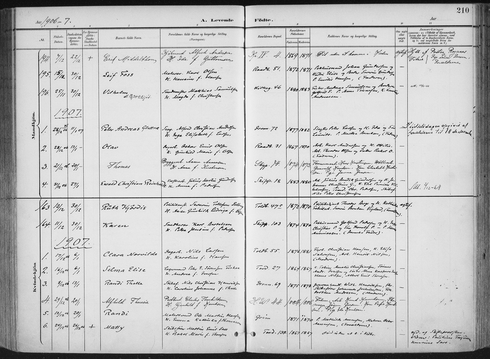 Kristiansand domprosti, SAK/1112-0006/F/Fa/L0021: Parish register (official) no. A 20, 1898-1908, p. 210