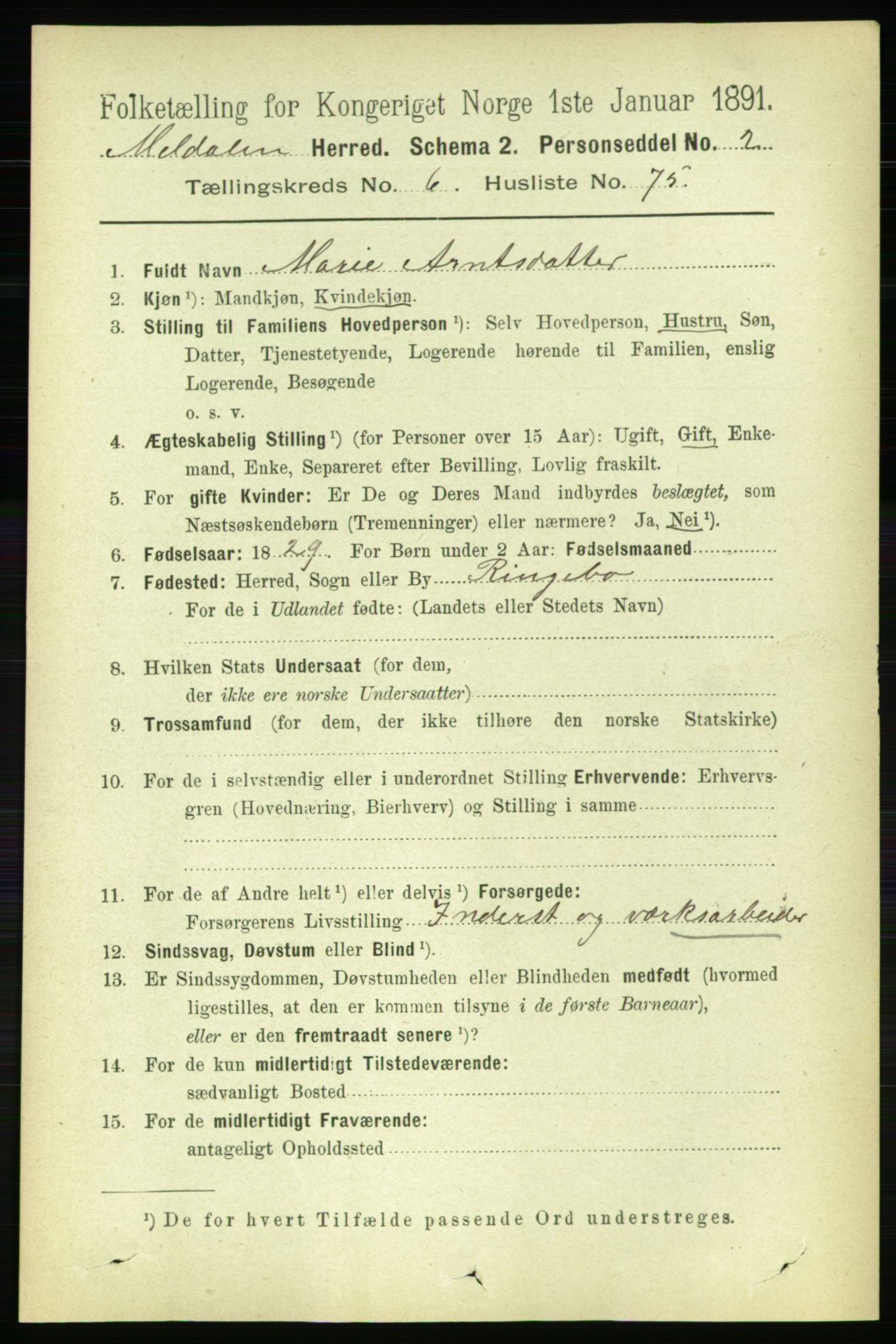 RA, 1891 census for 1636 Meldal, 1891, p. 3316