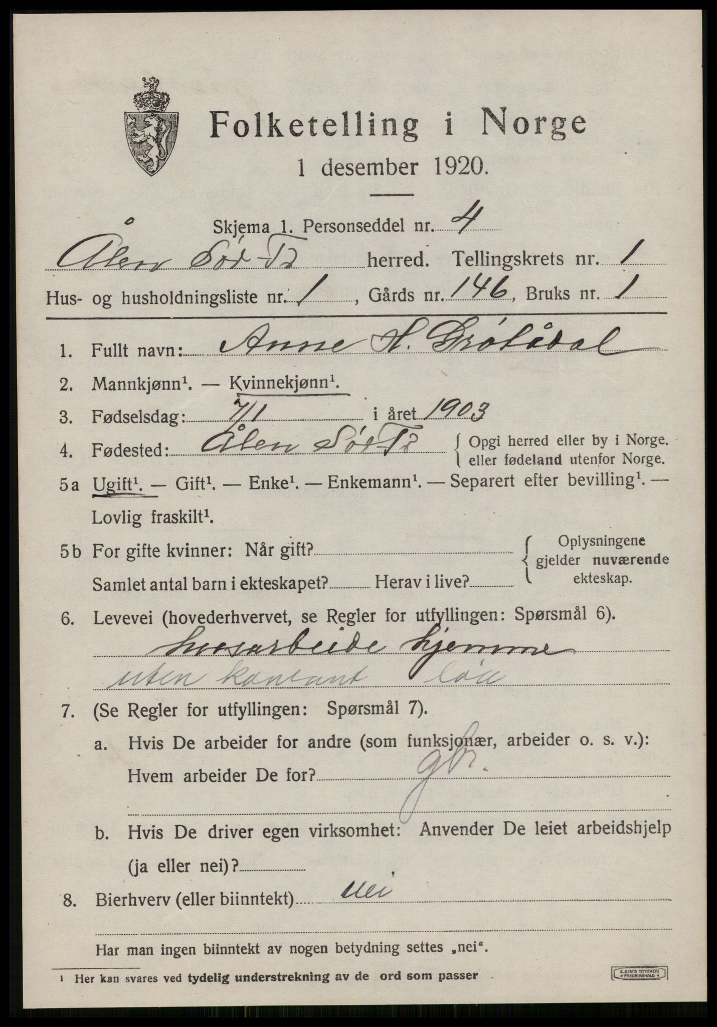 SAT, 1920 census for Ålen, 1920, p. 846