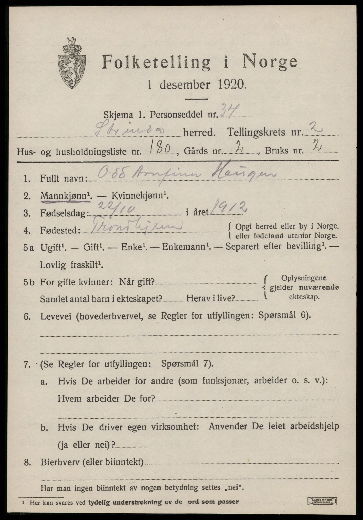 SAT, 1920 census for Strinda, 1920, p. 10264