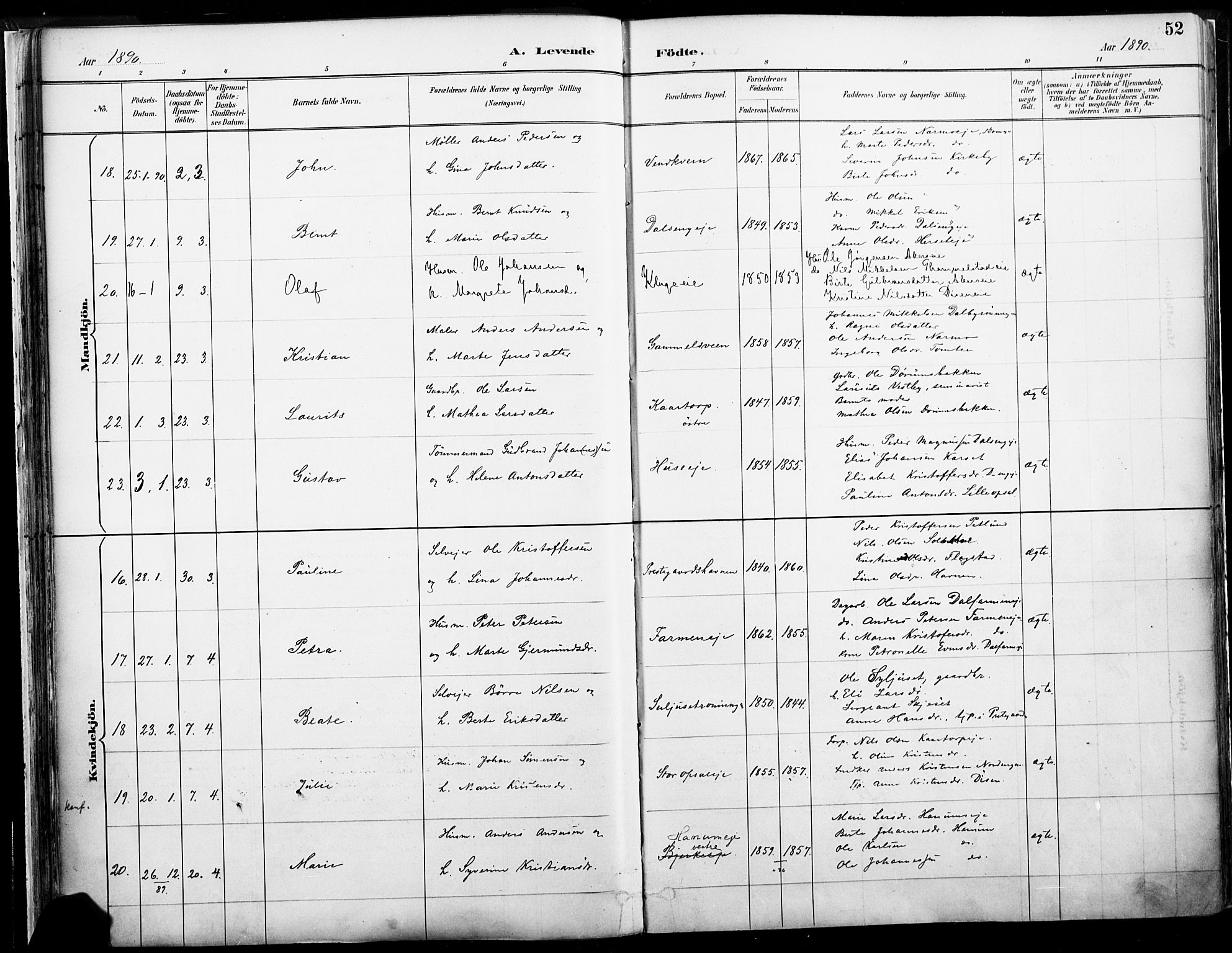 Vang prestekontor, Hedmark, SAH/PREST-008/H/Ha/Haa/L0019A: Parish register (official) no. 19, 1886-1900, p. 52