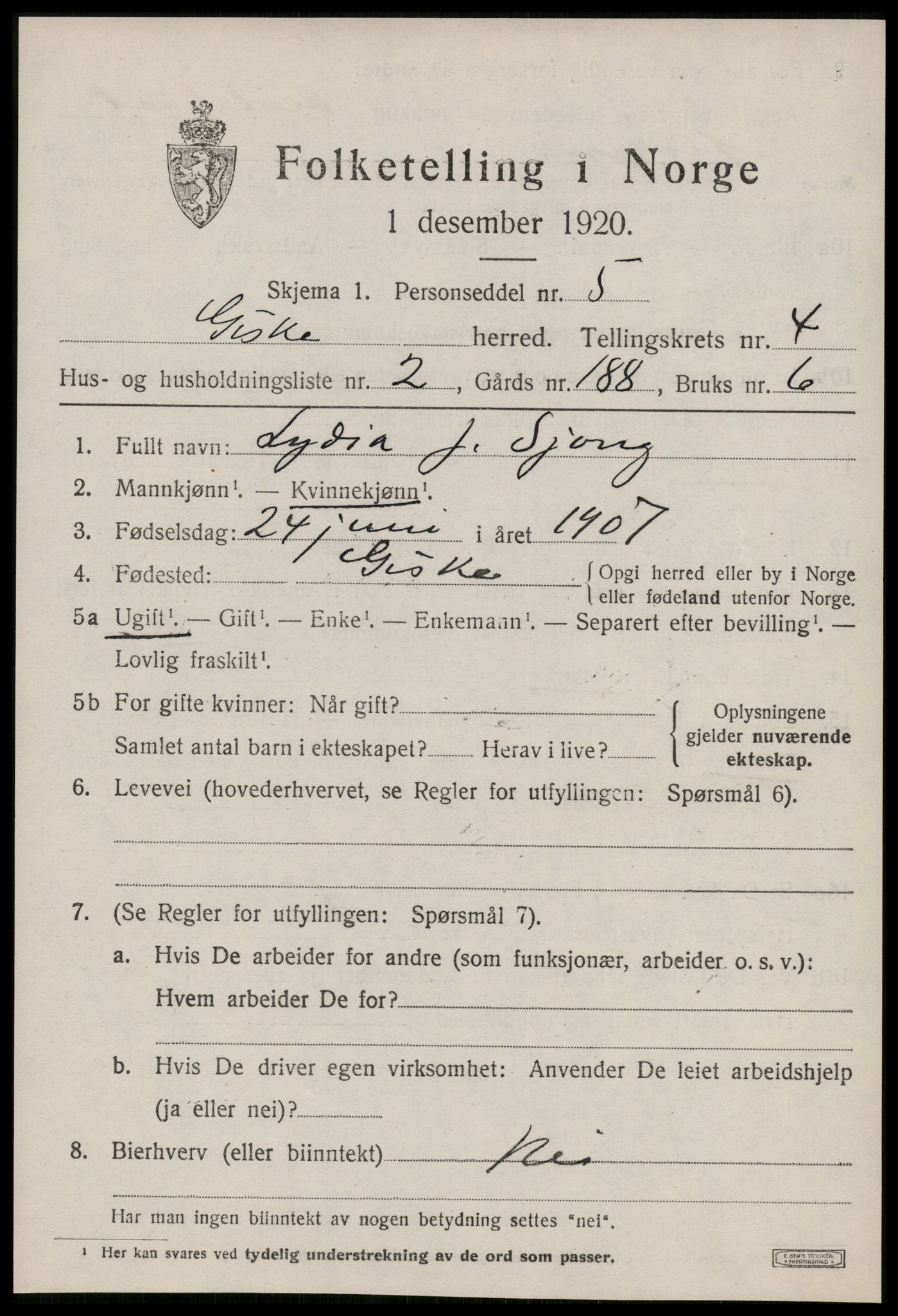SAT, 1920 census for Giske, 1920, p. 2654
