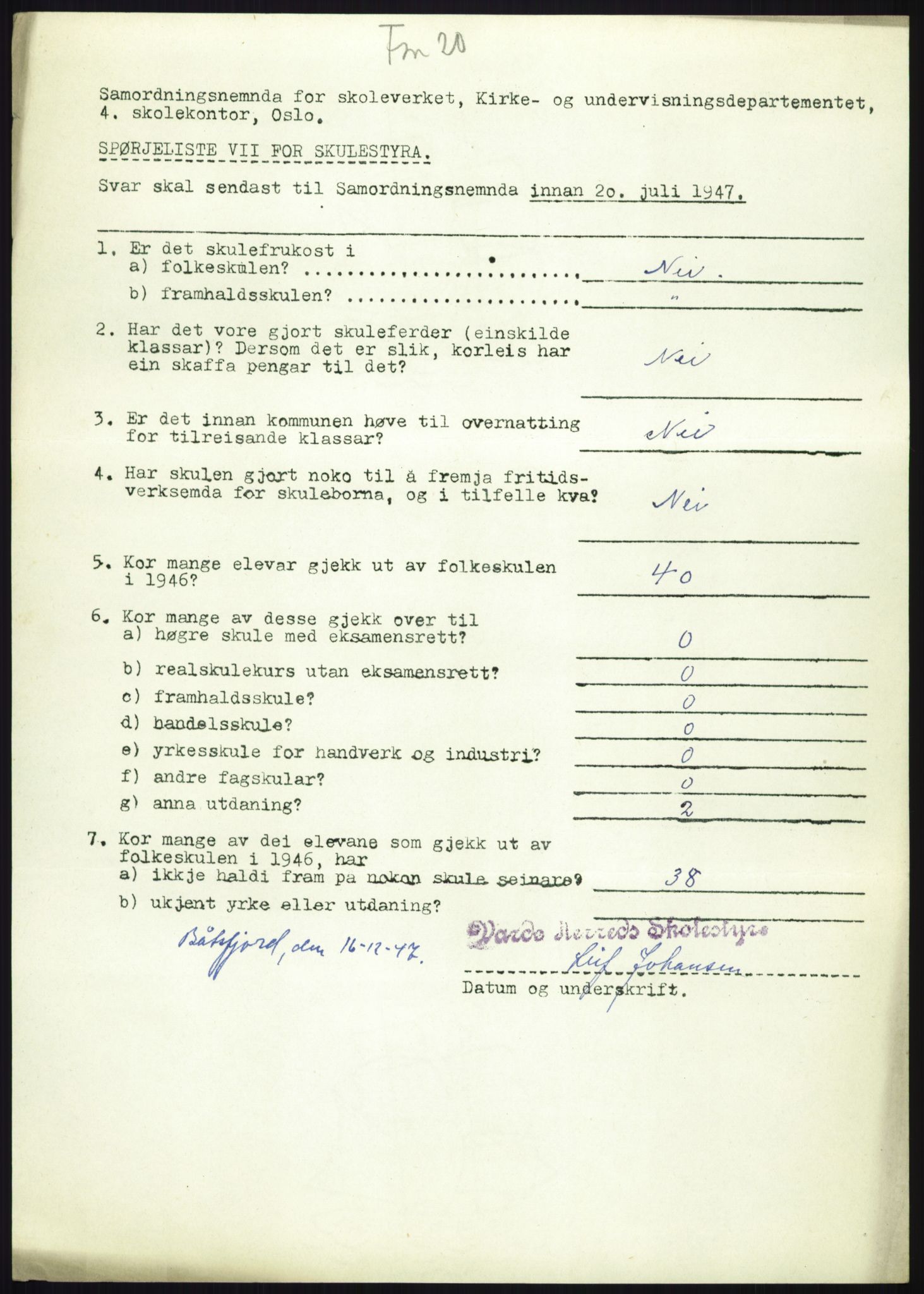 Kirke- og undervisningsdepartementet, Samordningsnemnda for skoleverket, AV/RA-S-1146/D/L0008: Svar på spørreskjema fra kommuner i Nord-Trøndelag, Nordland, Troms og Finnmark, 1947, p. 1088