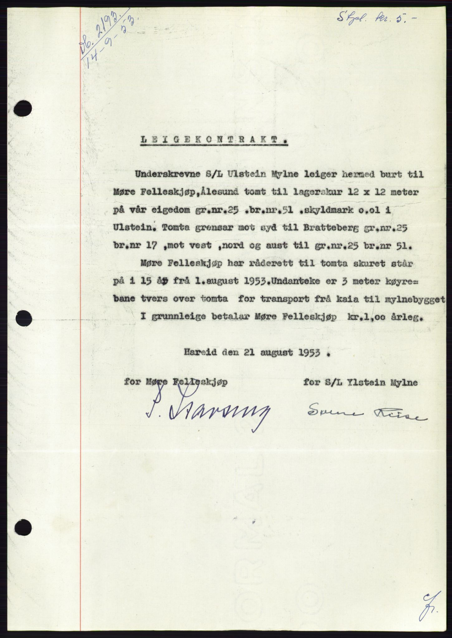 Søre Sunnmøre sorenskriveri, AV/SAT-A-4122/1/2/2C/L0123: Mortgage book no. 11B, 1953-1953, Diary no: : 2193/1953